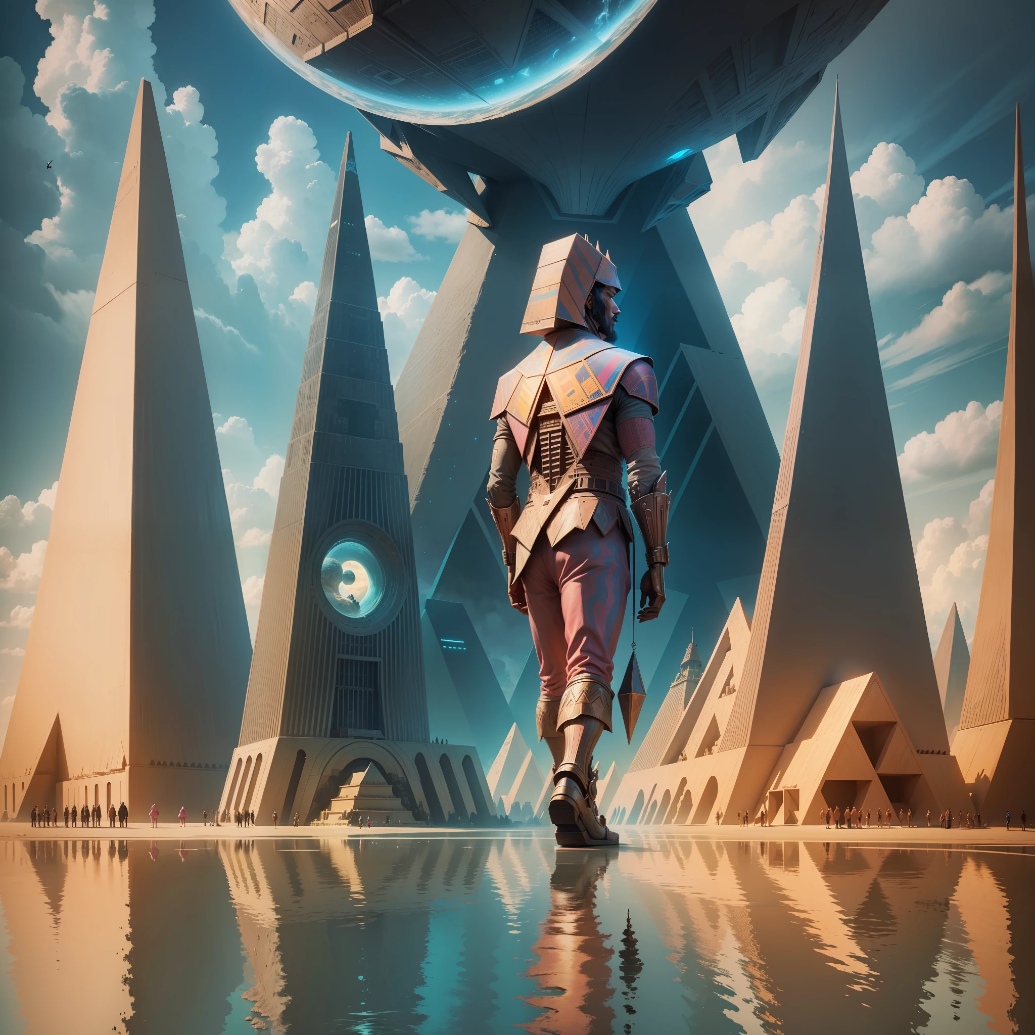 man walking sideways over time, in a row, at the bottom some pyramids, cavemen and dinosaurs, at the top futuristic ships, and futuristic buildings, inspired by psychedelia, time travel, pink floyd, epic, 8k, art, psychedelic