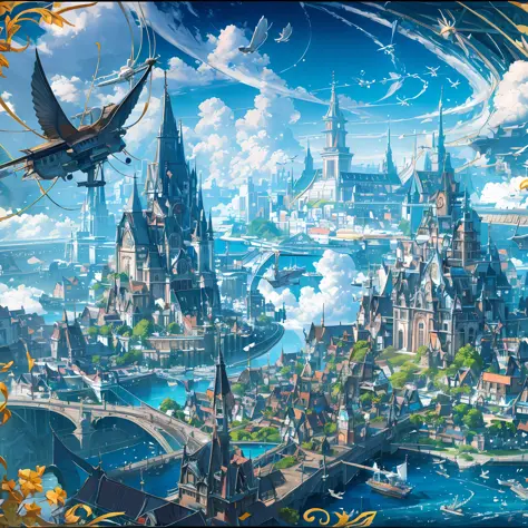 A beautiful city above the water, many houses, flying machines in the sky, ships in the water --auto --s2