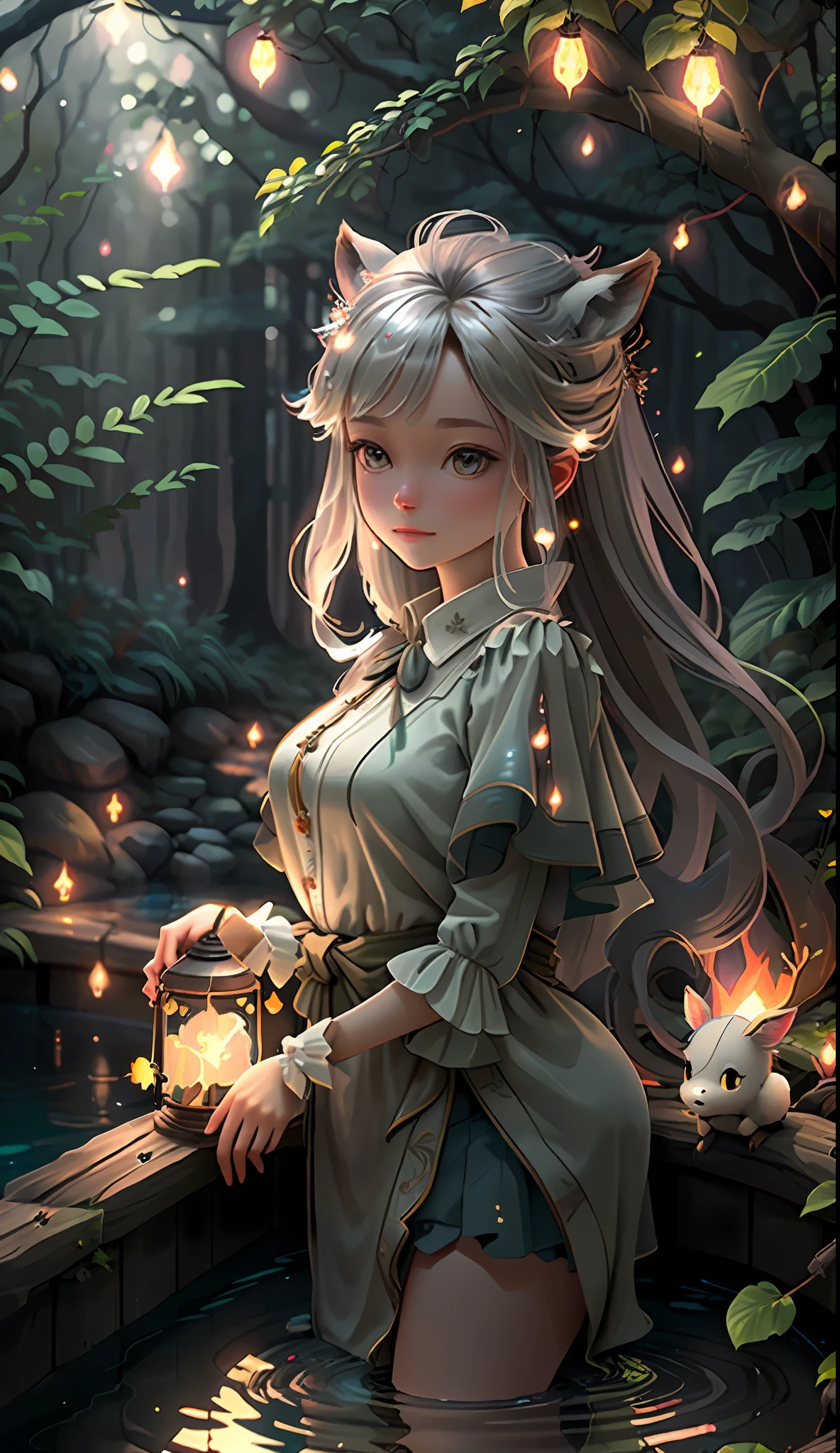 Masterpiece, best quality, (very detailed CG unity 8k wallpaper), (best quality), (best illustration), (best shadows), glow sprite, with a glowing deer, in the swimming pool Drinking water, natural elements in the forest theme. Mysterious forest, beautiful forest, nature, surrounded by flowers, delicate leaves and branches surrounded by fireflies (natural elements), (jungle theme), (leaves), (twigs), (fireflies), (particle effects) etc. 3D , Octane rendering, ray tracing, super detailed