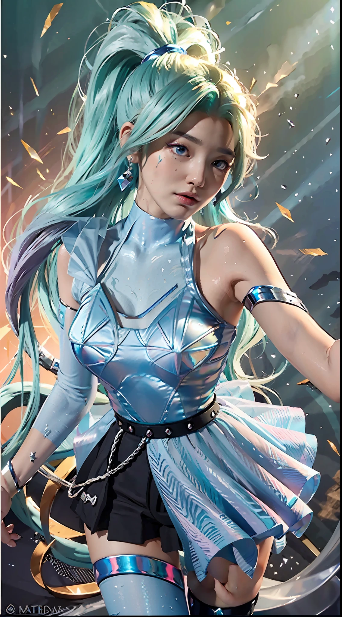 cielo, campo, trigo, k/y All Out Seraphine), League of Legends, k/y \ (League of Legends), 1 chica, Solo, Cabello verde agua, cabello degradado, Blue Eyes, labios, pelo largo, Long cola de caballo, cola de caballo, pendientes, joyas, brazaletes, pulsera, alas de hielo, Vestido azul, ropa en capas, Falda negra, Un hombro fuera del hombro, medias largas, mirar a la audiencia, Dispara desde arriba, mira a la audiencia