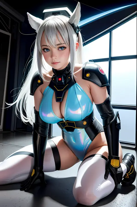 (8k, RAW photo, realistic, photo-realistic:1.5), masterpiece, best quality, high resolution, extremely detailed, detailed background, cinematic lighting, 1girl, silver hair, naughty face, drooling, blush, science fiction, mecha, cockpit, control stick, fak...