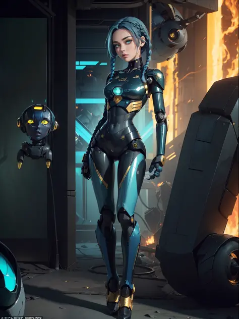 ((full body):1.5) (({1/woman}):1.5). only {1/woman}: ((wearing black mecha with golden parts, extremely tight on the body):1.3)....