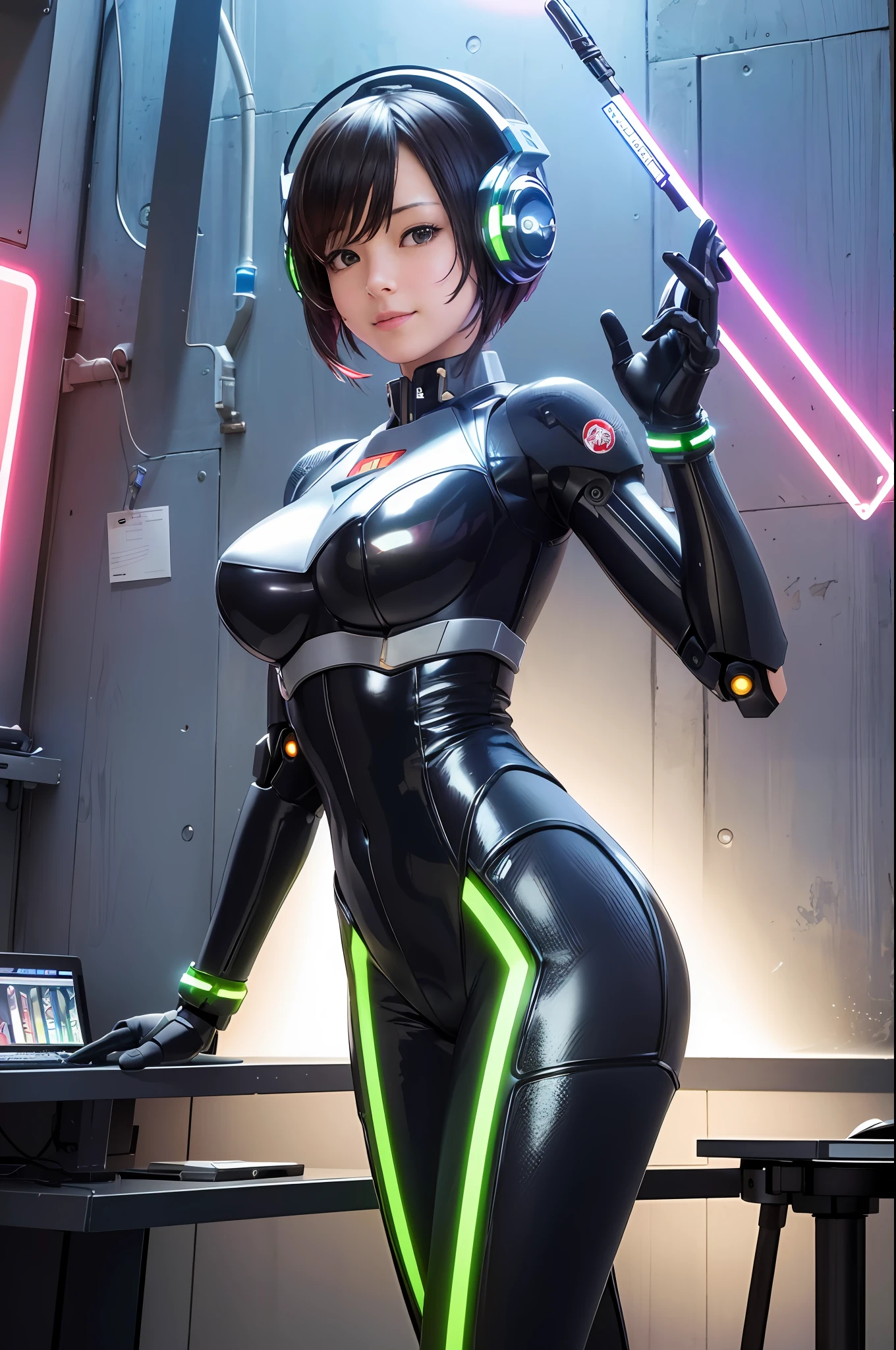 (8k, RAW photo, realistic, photo-realistic:1.5), masterpiece, best quality, high resolution, extremely detailed, detailed background, cinematic lighting, dynamic angle, science fiction, cyberpunk, mecha, mecha musume, 1girl, robot girl, android, short hair, mechanical parts, robot joints, robot ears, mecha armor, leotard, dress, gloves, smile, shiny clothes, impossible bodysuit, impossible clothes, clothing cutout, stomach cutout, midriff, looking at viewer, headgear, head-mounted display, barcode, barcode tattoo, glowing,  glowing tattoo, wire, torn clothes, industrial pipe, monitor, womb tattoo