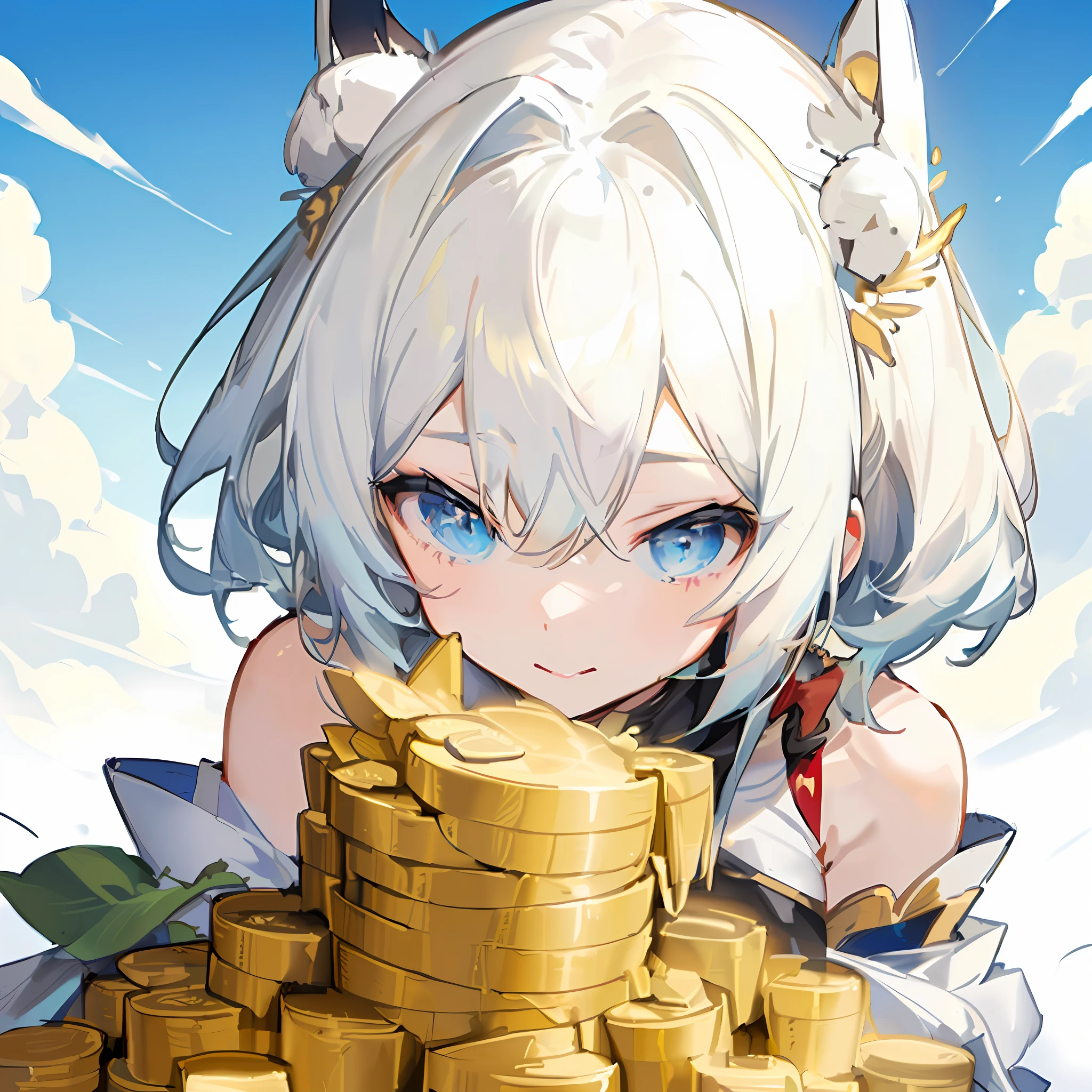 anime girl with white hair and blue eyes sitting on a pile of gold coins, from arknights, genshin, trending on artstation pixiv, from the azur lane videogame, best anime 4k konachan wallpaper, genshin impact, cushart, loli, arknights, pixiv daily ranking, splash art anime loli