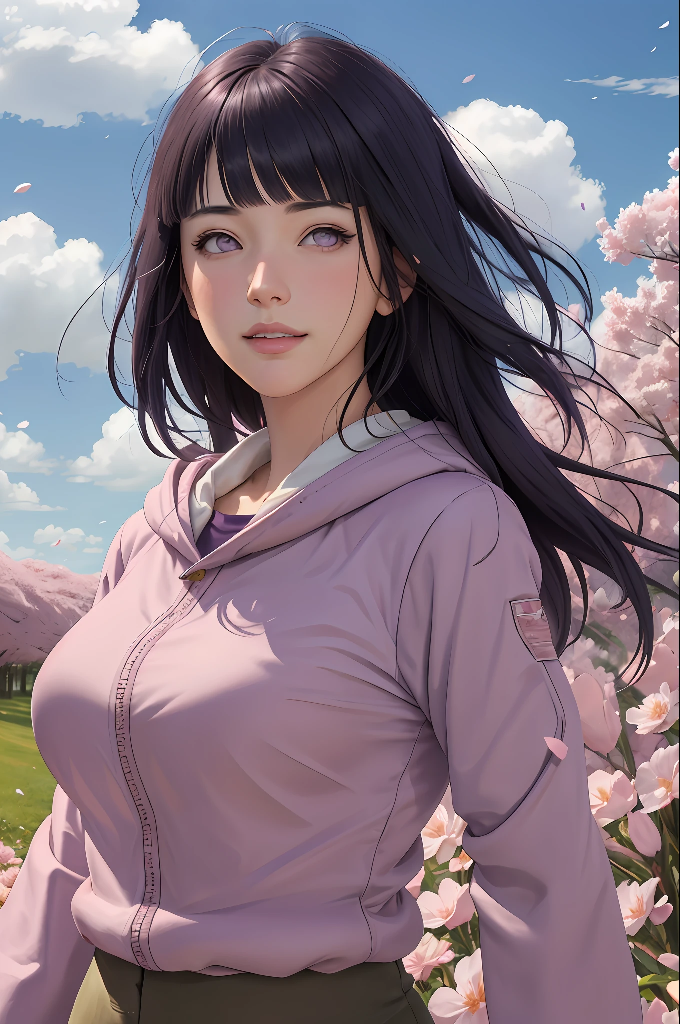 masterpiece, absurdres, hinata\(boruto\), 1girl, solo,mature female, purple hoodie,layered sleeves, brown pants,  outdoors,lavender flower field, looking at viewer, (falling petals), cloudy sky, perfect composition, detailed lips, big breast, beautiful face, body propotion, blush, (pink lips), long hair,  purple eyes,  soft gaze, sad smile,  super realistic, detailed, photoshoot, realistic face and body,  realistic hair, realistic eyes, realistic nose, realistic lips