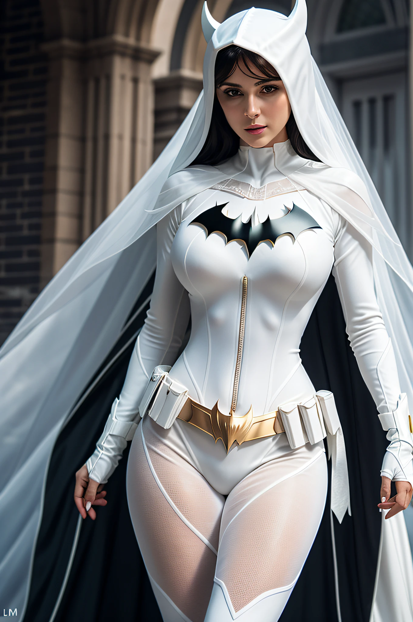 Batman cosplaying woman in white costume with cape and cape - SeaArt AI