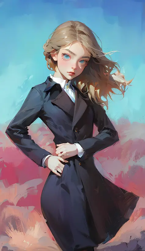 (Best Quality, Masterpiece), 1girl, a painting of a woman in a black dress and coat, beautiful character painting, girl in a sui...