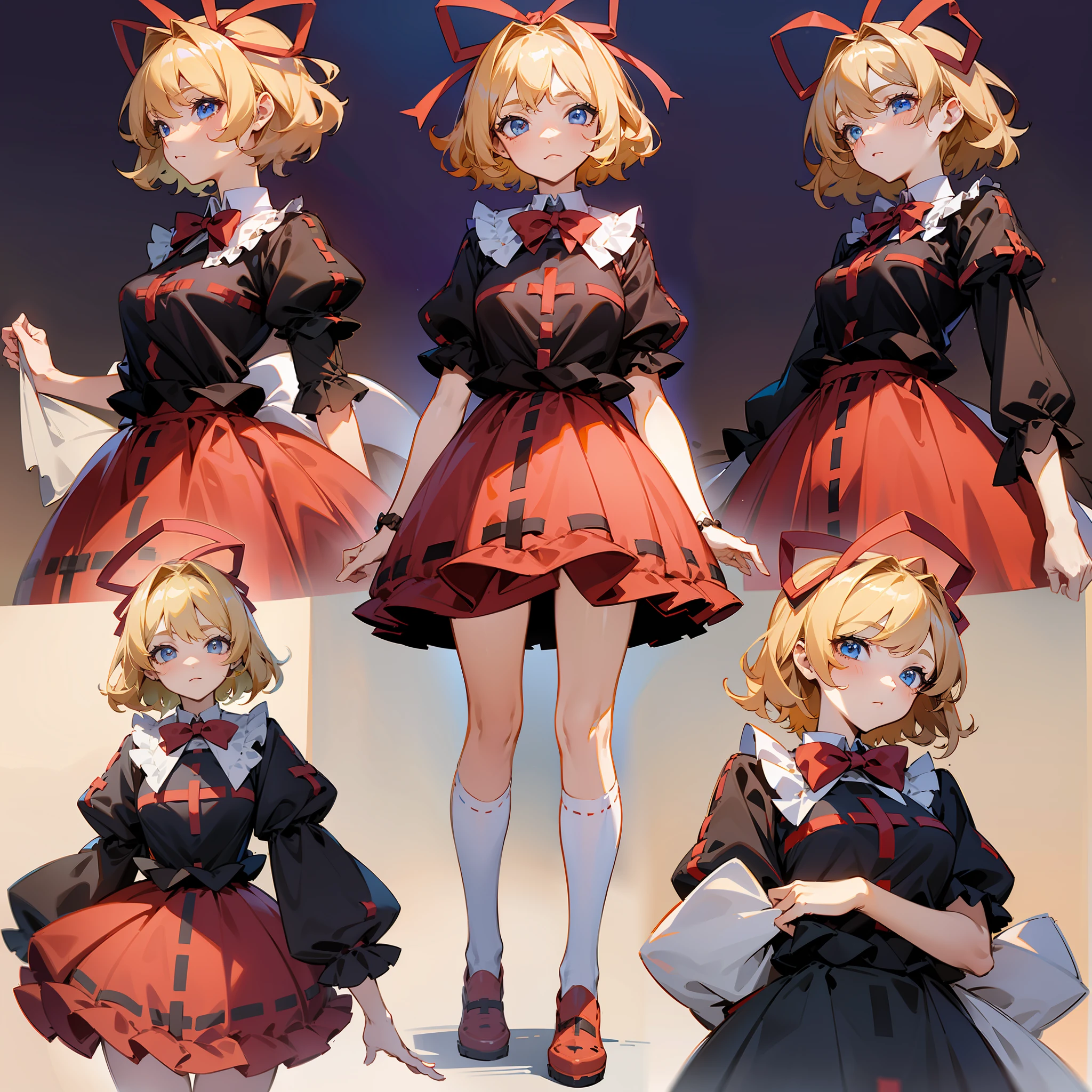 Masterpiece: 1.6, best quality: 1.4, live image: 1.2, intricate details: 1.2, charturnerv2: 1.2, 1lady full body character change, Appearance: young: 1.25, thin: 1.3, blue eyes, medium breasts, detailed eyes, quality eyes, Clothing: black shirt, red skirt, bubble skirt Accessories: red bow, red ribbon, Hair: blonde hair, short hair, semi curly hair, natural, shiny skin, (single background, white background: 1.3), multiple views, multiple views of the same character in the same outfit: 1.3., character sheet: 1.2