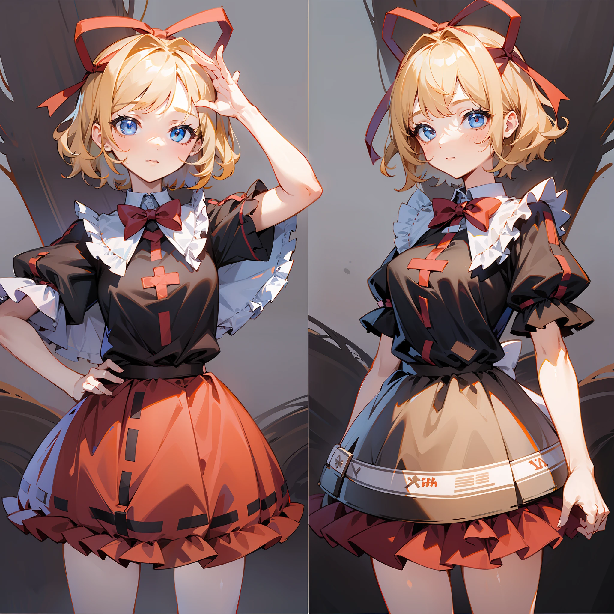 Masterpiece: 1.6, best quality: 1.4, live image: 1.2, intricate details: 1.2, charturnerv2: 1.2, 1lady full body character change, Appearance: young: 1.25, thin: 1.3, blue eyes, medium breasts, detailed eyes, quality eyes, Clothing: black shirt, red skirt, bubble skirt Accessories: red bow, red ribbon, Hair: blonde hair, short hair, semi curly hair, natural, shiny skin, (single background, white background: 1.3), multiple views, multiple views of the same character in the same outfit: 1.3., character sheet: 1.2