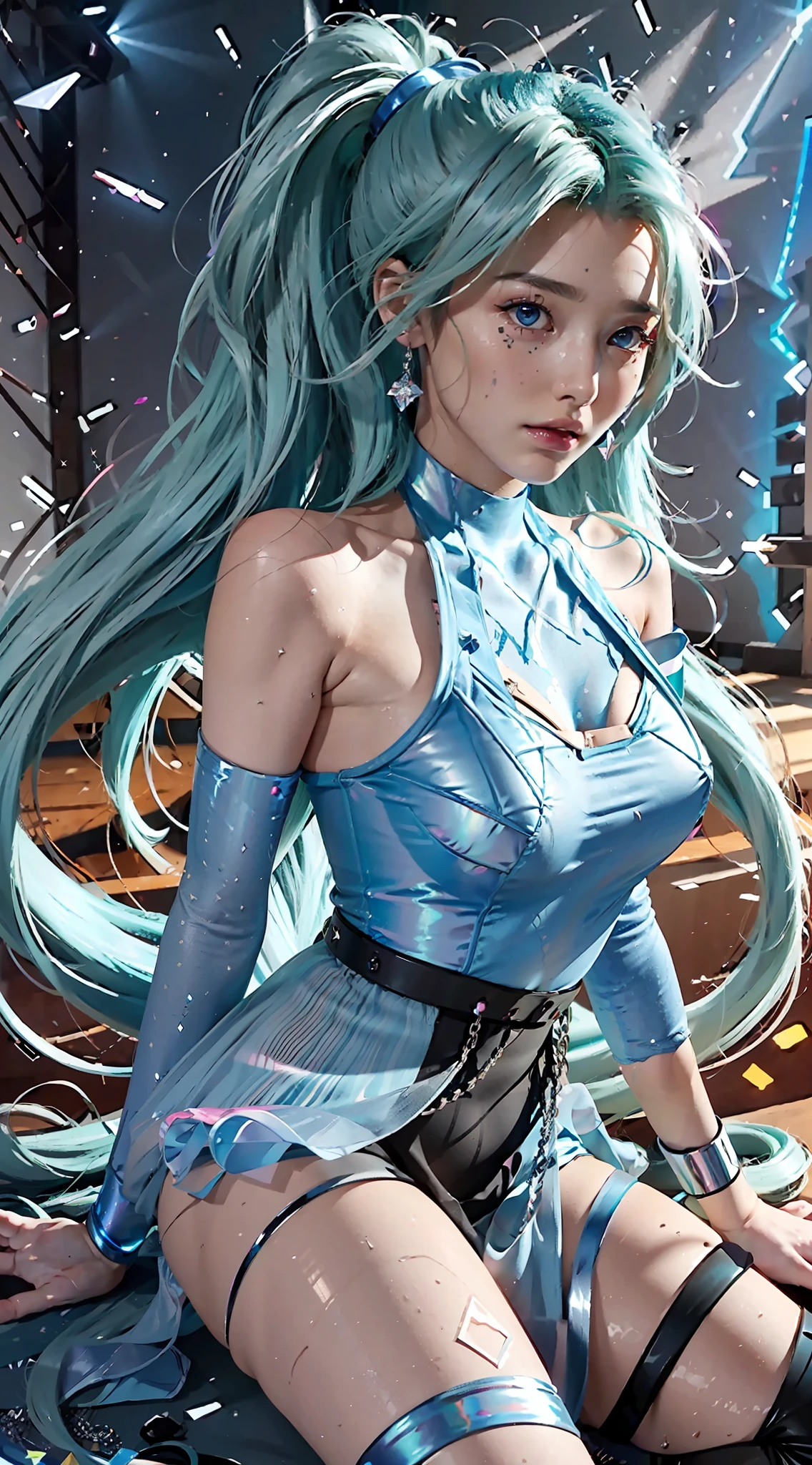 Sky, Field, Wheat, K/Da All Out Seraphine, League of Legends, K/Da \ (League of Legends), 1Girl, Solo, Aqua Green Hair, Gradient Hair, Blue Eyes, Lips, Long Hair, Long Ponytail, Ponytail, Earrings, Jewelry, Armbands, Bracelet, Ice Wing, Blue Dress, Layered Clothes, Black Skirt, One Shoulder Bare Shoulder, Long Stockings, Look at the Audience, Shoot from Above, Look at the Audience, Perfect, Good Looking Forehead, Perfect Face, Perfect Eyes, beautiful face