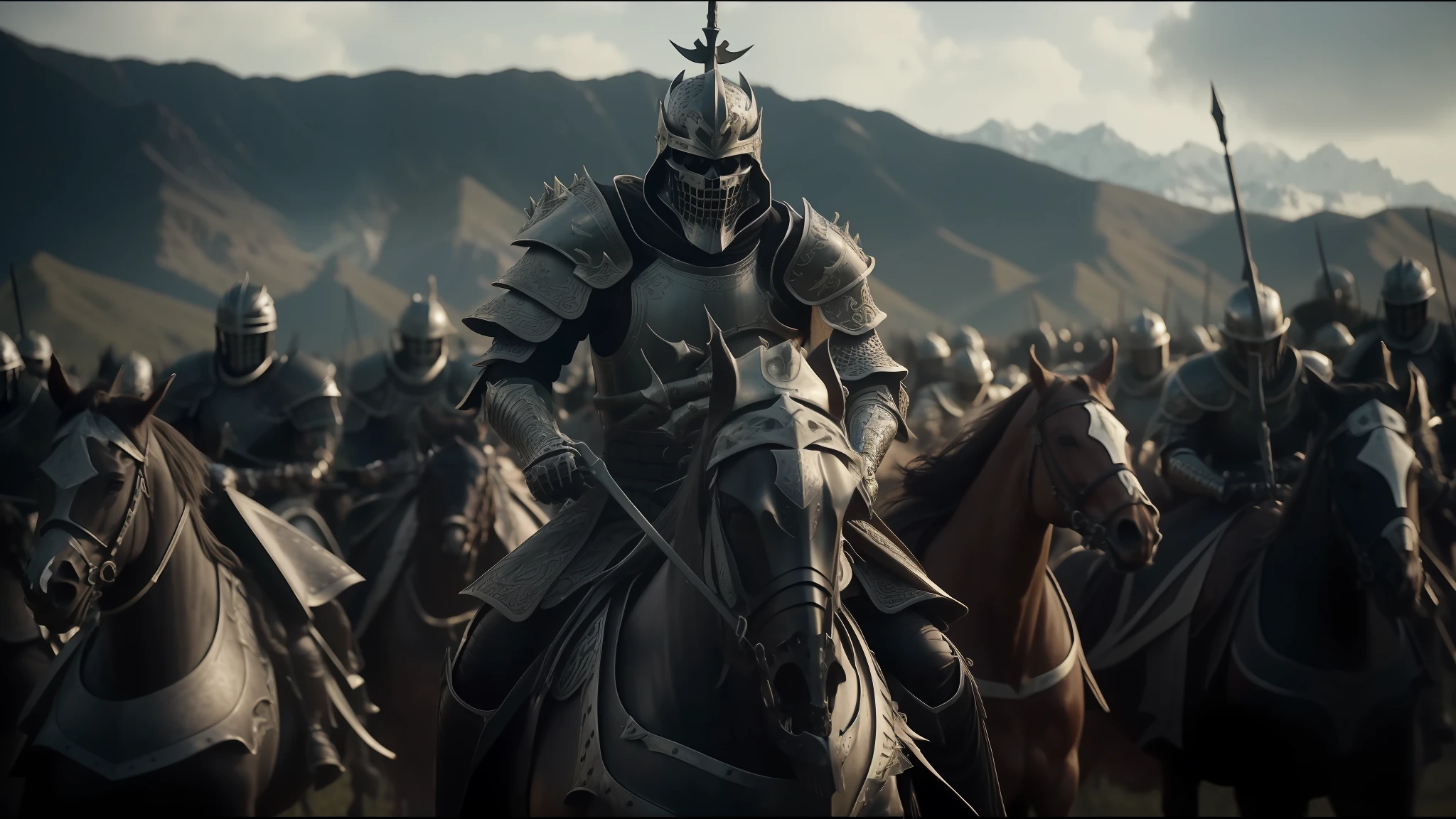 there are many people riding on a field with mountains in the background, berserk skullknight black armor, still image from the movie, enes dirig, elegant white armor, skeleton king, by Wang Jian, siege, tuba knight, by Kim Du-ryang, erwin olaf, the most epic