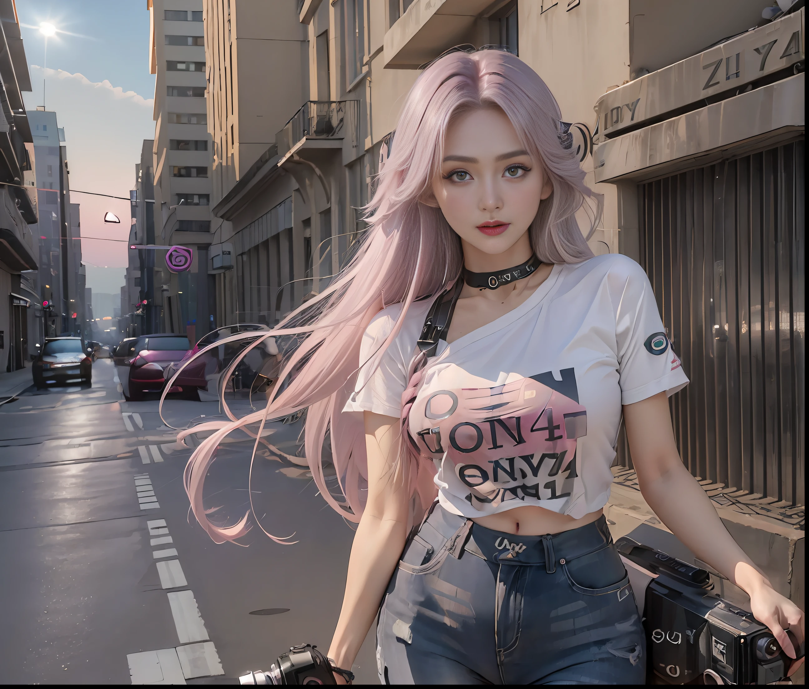 (masterpiece, best quality, 8K smooth, highres), 1girl, long light pink hair, big eyes, finely portrayed eyes, light purple glossy short sleeves on the upper body, light silver glossy jeans on the lower body, full body, Close-Up (CU), cinimatic Light, moonlight illuminating the city, hopeful,surrealism,(sony a7m4,F/2.3,80mm,RAW photo:1.6)