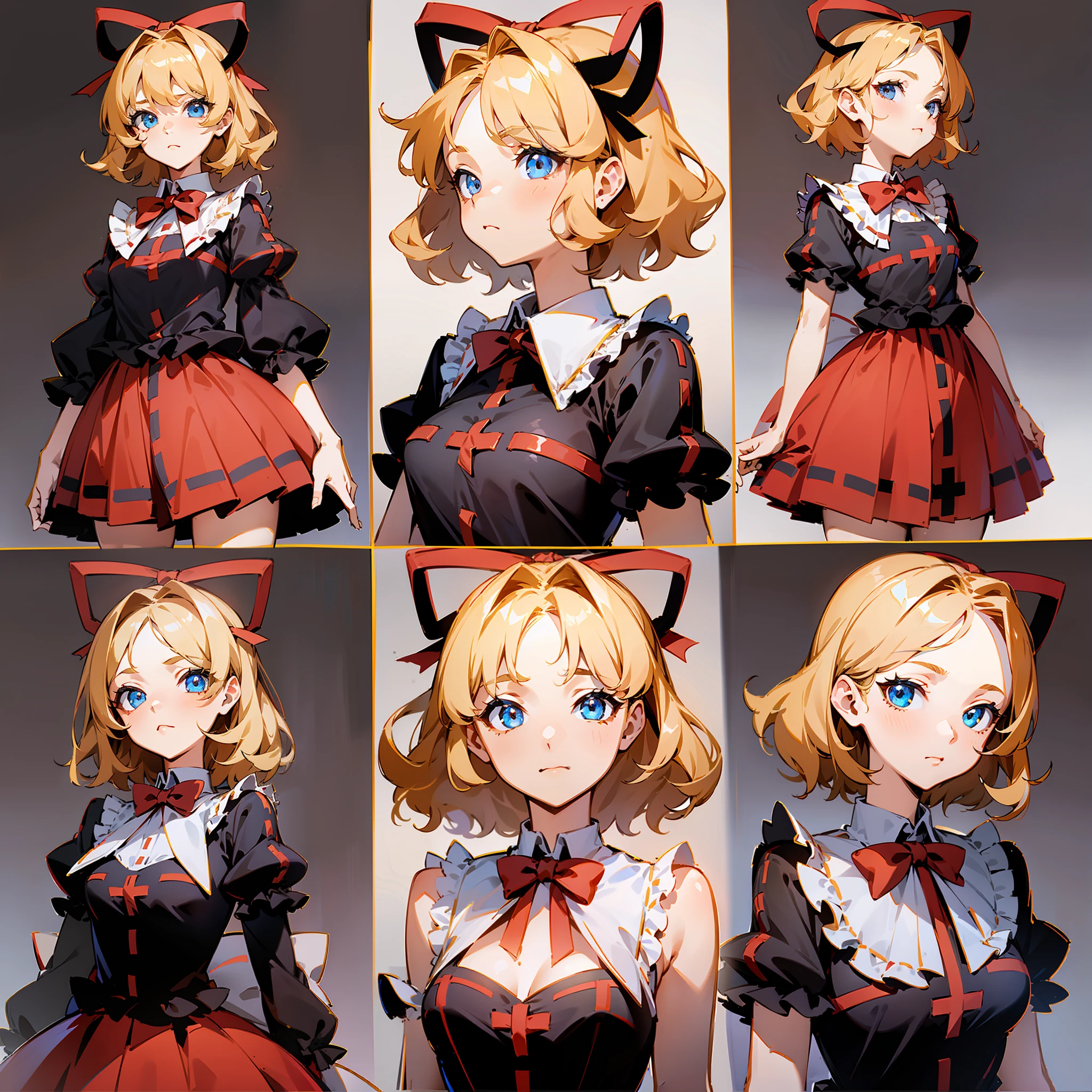 Masterpiece: 1.6, best quality: 1.4, live image: 1.2, intricate details: 1.2, charturnerv2: 1.2, 1lady full body character change, Appearance: young: 1.25, thin: 1.3, blue eyes, medium breasts, detailed eyes, quality eyes, Clothing: black shirt, red skirt, bubble skirt Accessories: red bow, red ribbon, Hair: blonde hair, short hair, semi curly hair, natural, shiny skin, (single background, white background:1.5), multiple views, multiple views of the same character in the same outfit: 1.3., character sheet: 1.2