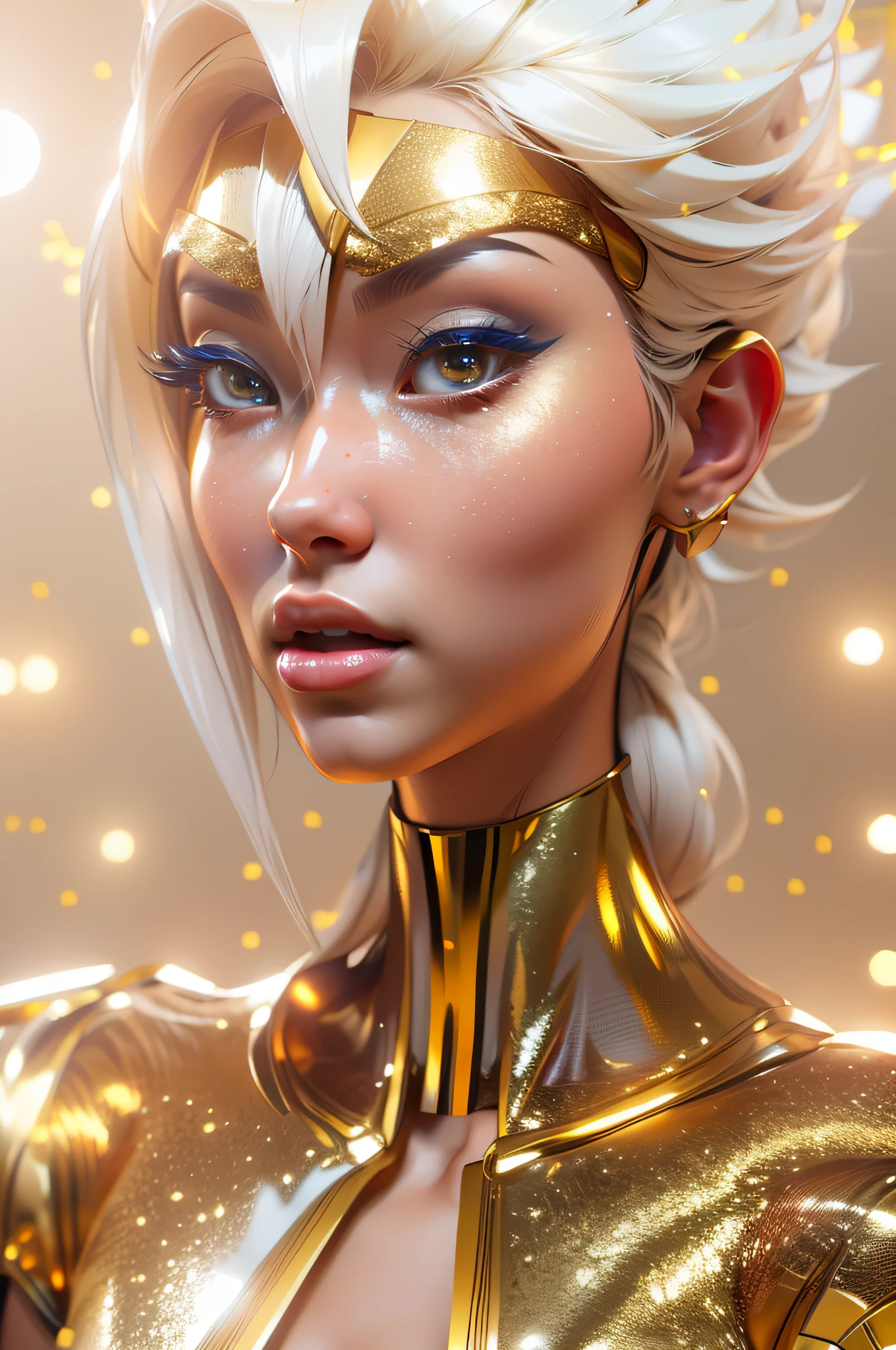 a close up of a woman with a gold outfit and a gold hair, trending on cgsociety, trending in cgsociety, [ trending on cgsociety ]!!, trending on artstation hq, cgsociety inspired, cgsociety portrait, rossdraws global illumination, trending on artstation:3, trending on artstation 4k, 3d render trending on artstation