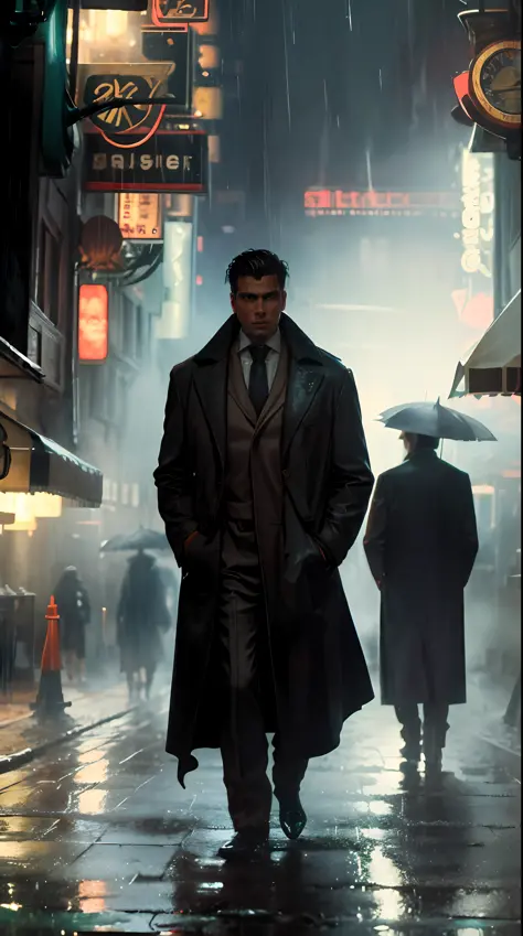 Realistic style, hyper-detailed, highly immersive vertical scene, a well-dressed lone man walking through the rain-slicked stree...