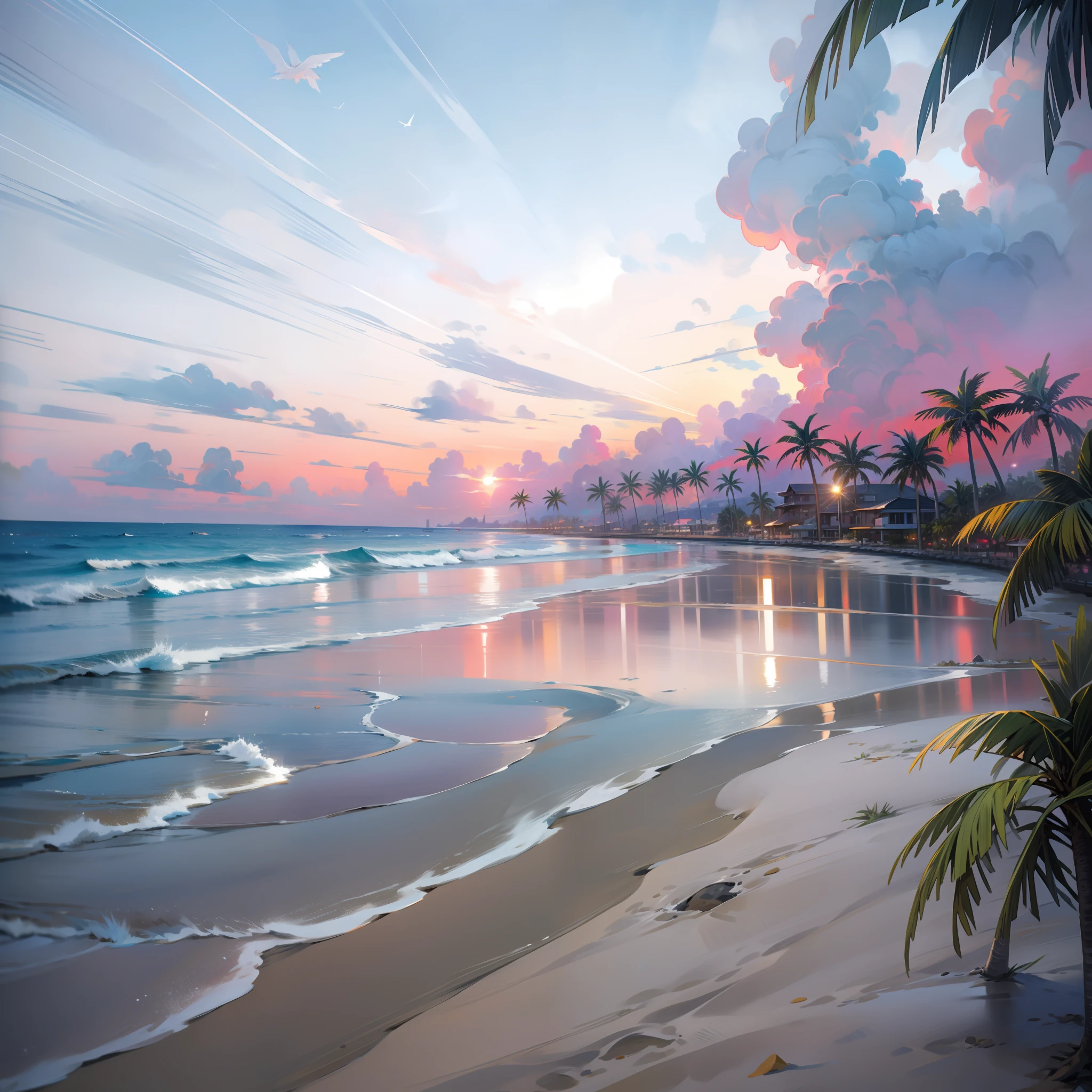 una puesta de sol absolutamente fascinante en la playa con una mezcla de naranja, rosa y amarillo en el cielo. El agua es cristalina., besando suavemente la orilla, y la playa de arena blanca se extiende hasta donde alcanza la vista. La escena es dinámica e impresionante., con gaviotas volando alto en el cielo y palmeras balanceándose suavemente. Empápate del ambiente tranquilo y deja que la tranquilidad te envuelva.