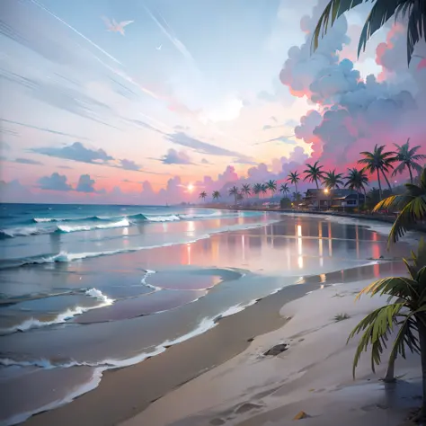 An absolutely mesmerizing sunset on the beach with a mix of orange, pink and yellow in the sky. The water is crystal clear, gently kissing the shore, and the white sand beach stretches as far as the eye can see. The scene is dynamic and breathtaking, with ...