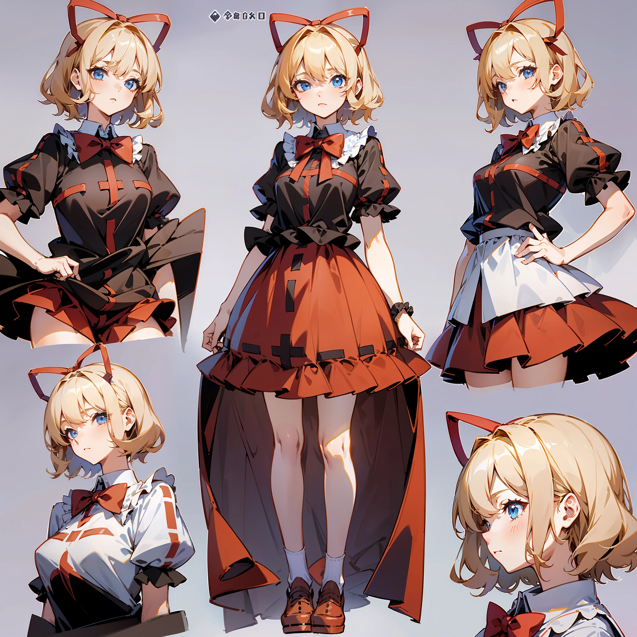 Masterpiece: 1.6, best quality: 1.4, live image: 1.2, intricate details: 1.2, charturnerv2: 1.2, 1lady full body character change, Appearance: young: 1.25, thin: 1.3, blue eyes, medium breasts, detailed eyes, quality eyes, Clothing: black shirt, red skirt, bubble skirt Accessories: red bow, red ribbon, Hair: blonde hair, short hair, semi curly hair, natural, shiny skin, (single background, white background:1.8), transparent Background, multiple views, multiple views of the same character in the same outfit: 1.3., character sheet: 1.2, multiple facial expressions: 1.3,