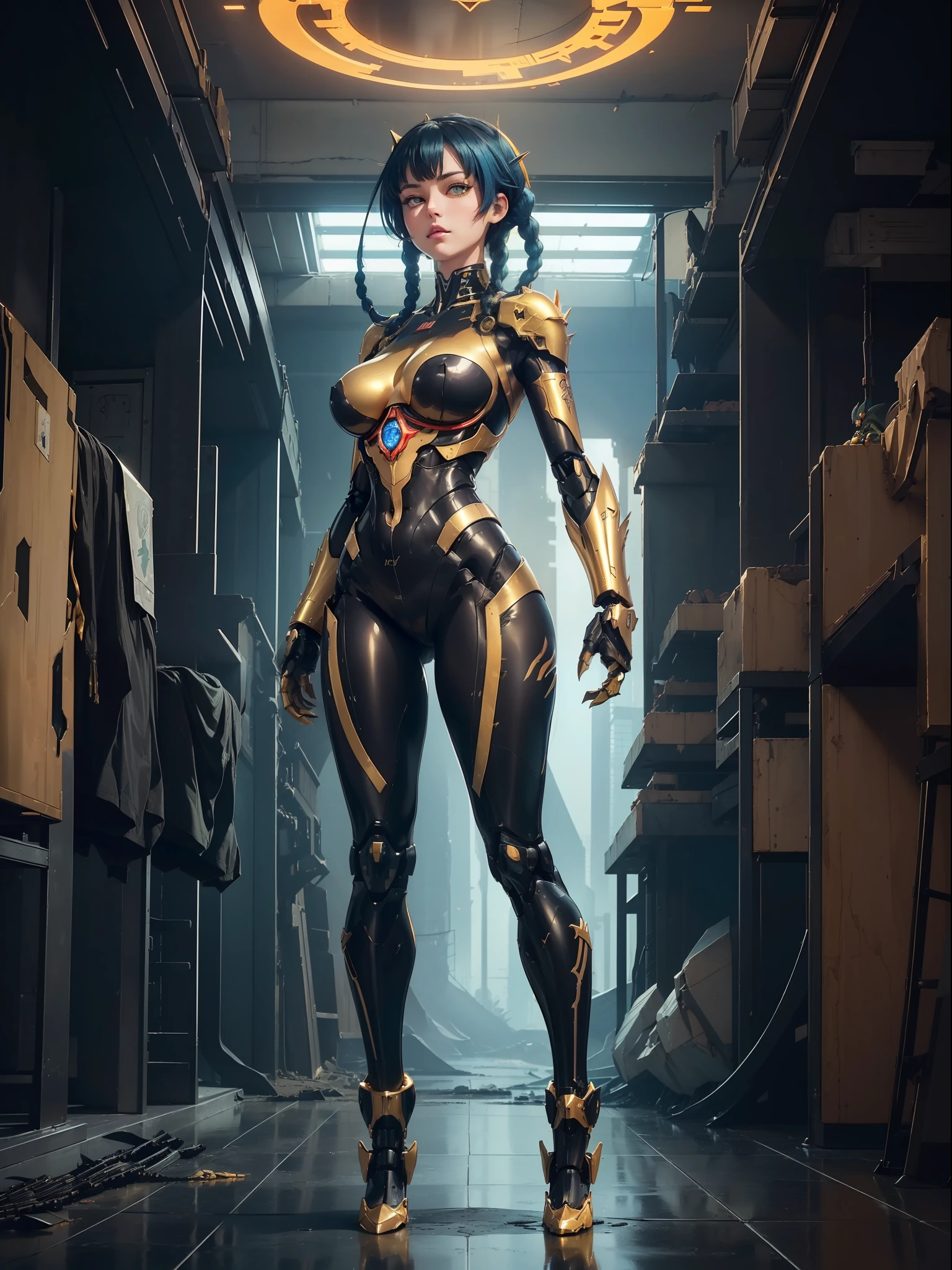 ((full body):1.5) (({1/woman}):1.2). Only {1/woman}: ((Wearing black mecha with golden parts, extremely tight on the body):1.3). Only {1/woman} has ((very short blue hair with braids, green eyes):1.2). Only {1/woman} ((extremely large breasts):1.2) Only {1/woman}: ((doing sensual poses for the standing viewer)). In a futuristic city completely destroyed with fire in the buildings and ((1 dino saurus tyrannosaurus rex mechá white with various mechanical parts):1.2) of only {1/woman}. anime, anime style, 16k, ((high quality, high details):1.3), UHD, masterpiece