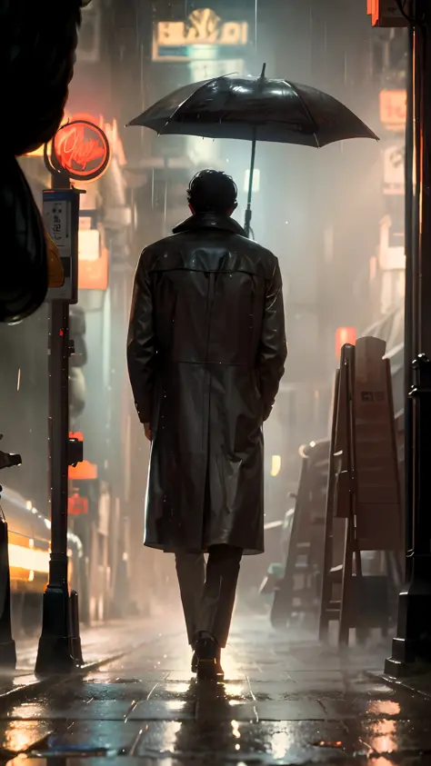 Realistic style, hyper-detailed, highly immersive vertical scene, a well-dressed lone man from behind walking through the rain-s...