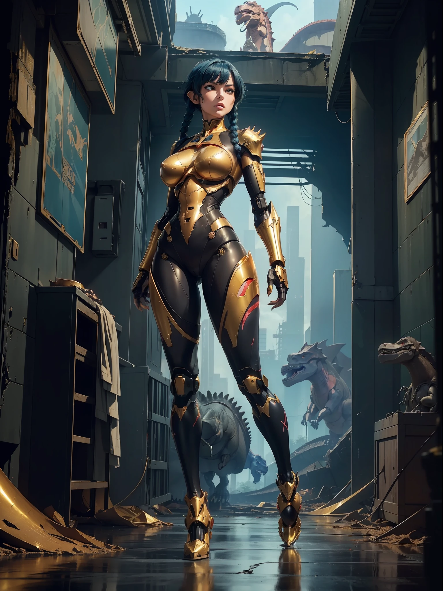 ((full body):1.5) (({1/woman}):1.2). Only {1/woman}:((Wearing black mecha with golden parts, extremely tight on the body):1.2). Only {1/woman} has ((very short blue hair with braids, green eyes):1.2). Only {1/woman} ((extremely large breasts):1.2) Only {1/woman}:((striking sensual poses for the standing viewer)). In a futuristic city completely destroyed with fire in the buildings and (((1 dino saurus tyrannosaurus rex robot):1.2)) of only {1/woman}. anime, anime style, 16k, ((high quality, high details):1.2), UHD, masterpiece