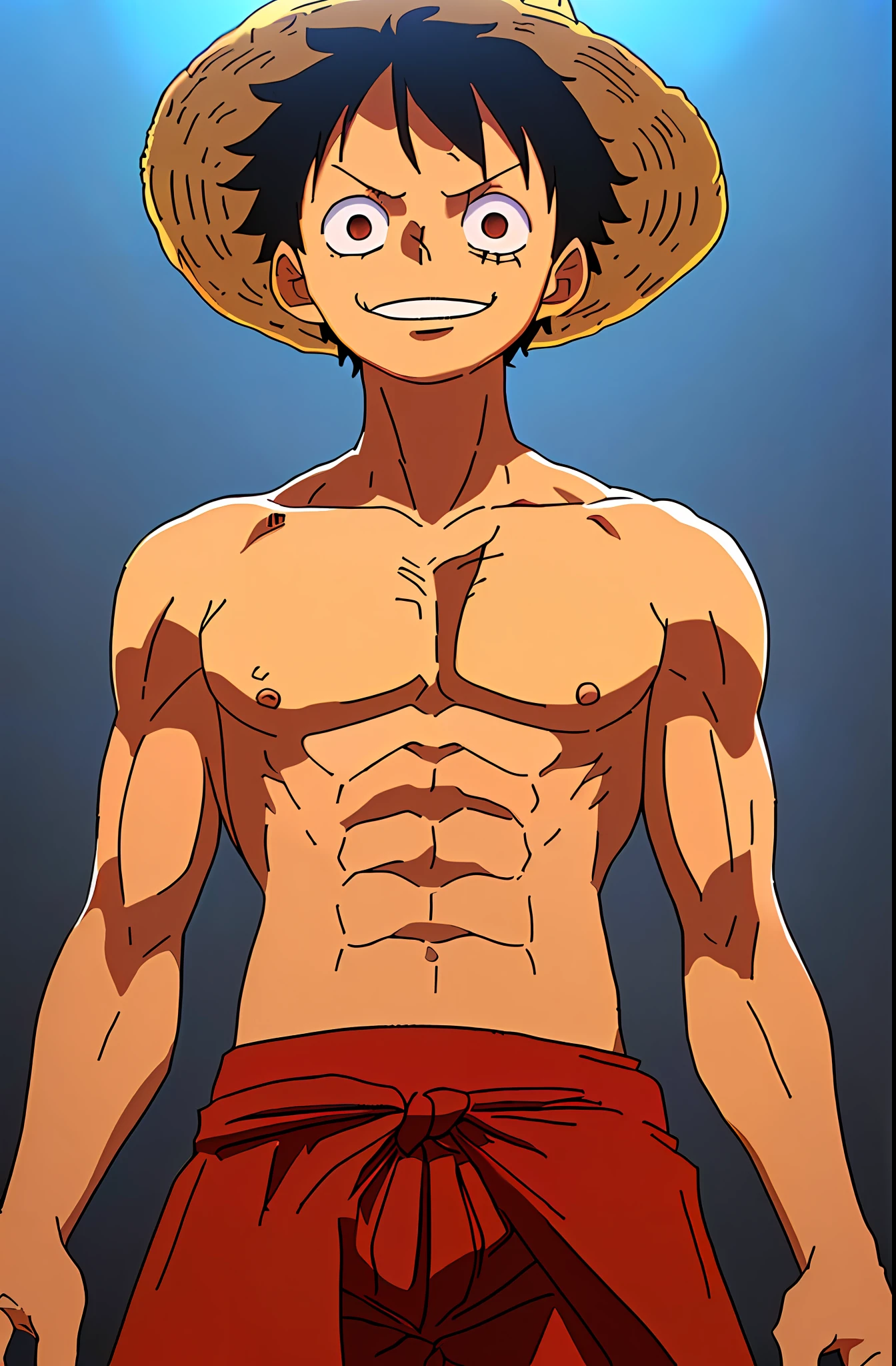 1boy, Monkey D. Luffy, Smile, Straw Hat, View Viewer, Solo, Full Body, (((Masterpiece)), (Best Quality), (Very Detailed), Depth of Field, Sketch, Dark Dark Shadows, Sharp Focus, Soft Lighting, HDR, Colorful, Good Composition, Ambient Ignited, Great, Closed Shirt, Anime Screencap, Scars Under the Eyes, Ready to Fight, Black eyes, naked, muscular