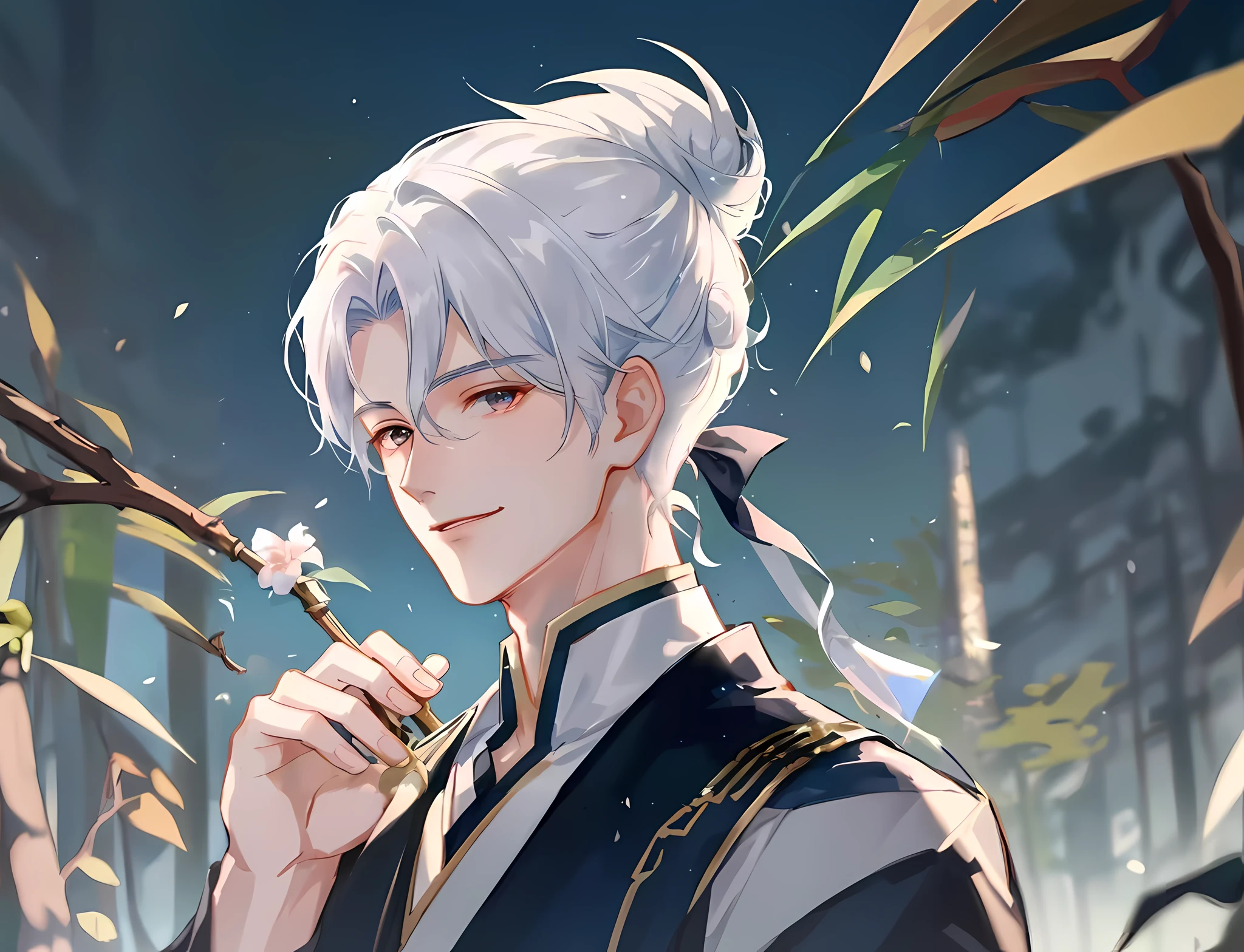 Anime character with white hair holding a flower and a wand - SeaArt AI