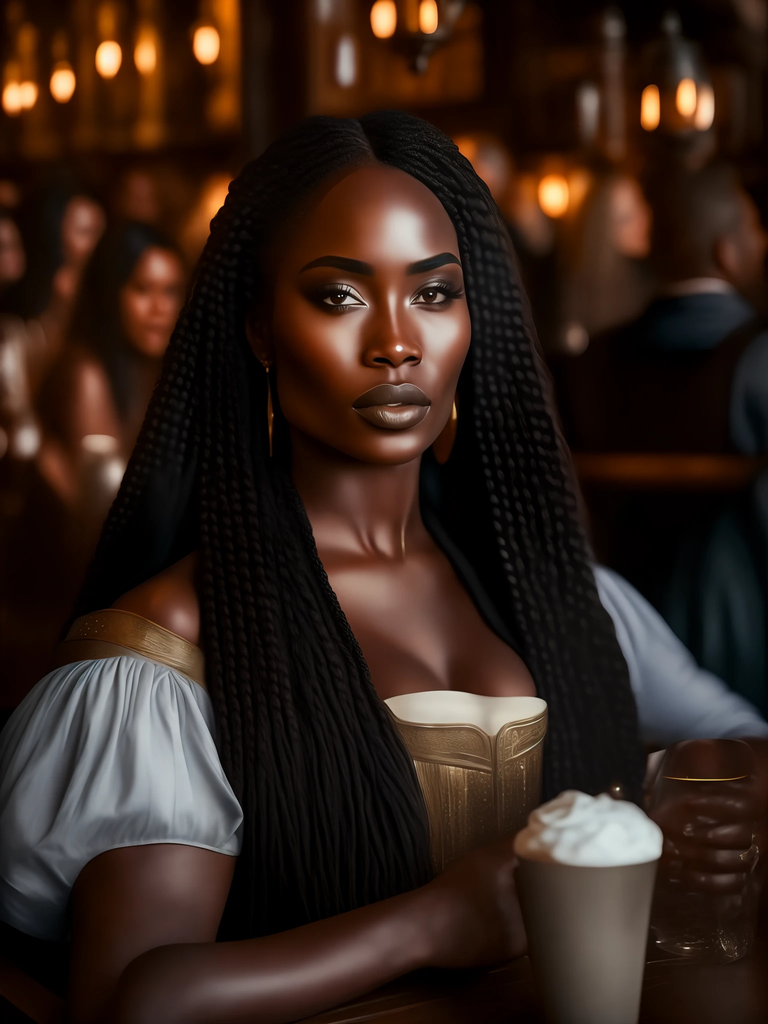 (((fotografía))), (((hyperrealism))), foto premiada, una diosa negra, mujer elegante de cabello largo y hermosa atendiendo mesas, (obra maestra) (mejor calidad) (detallado) (8K) (hdr) (fondo de pantalla) (iluminación cinematográfica) (enfoque nítido) (Intrincado), secuencia de imágenes de algo ó alguien en movimiento, taberna medieval llena de gente, bárbaros hablando en voz alta y bebiendo cerveza en copas