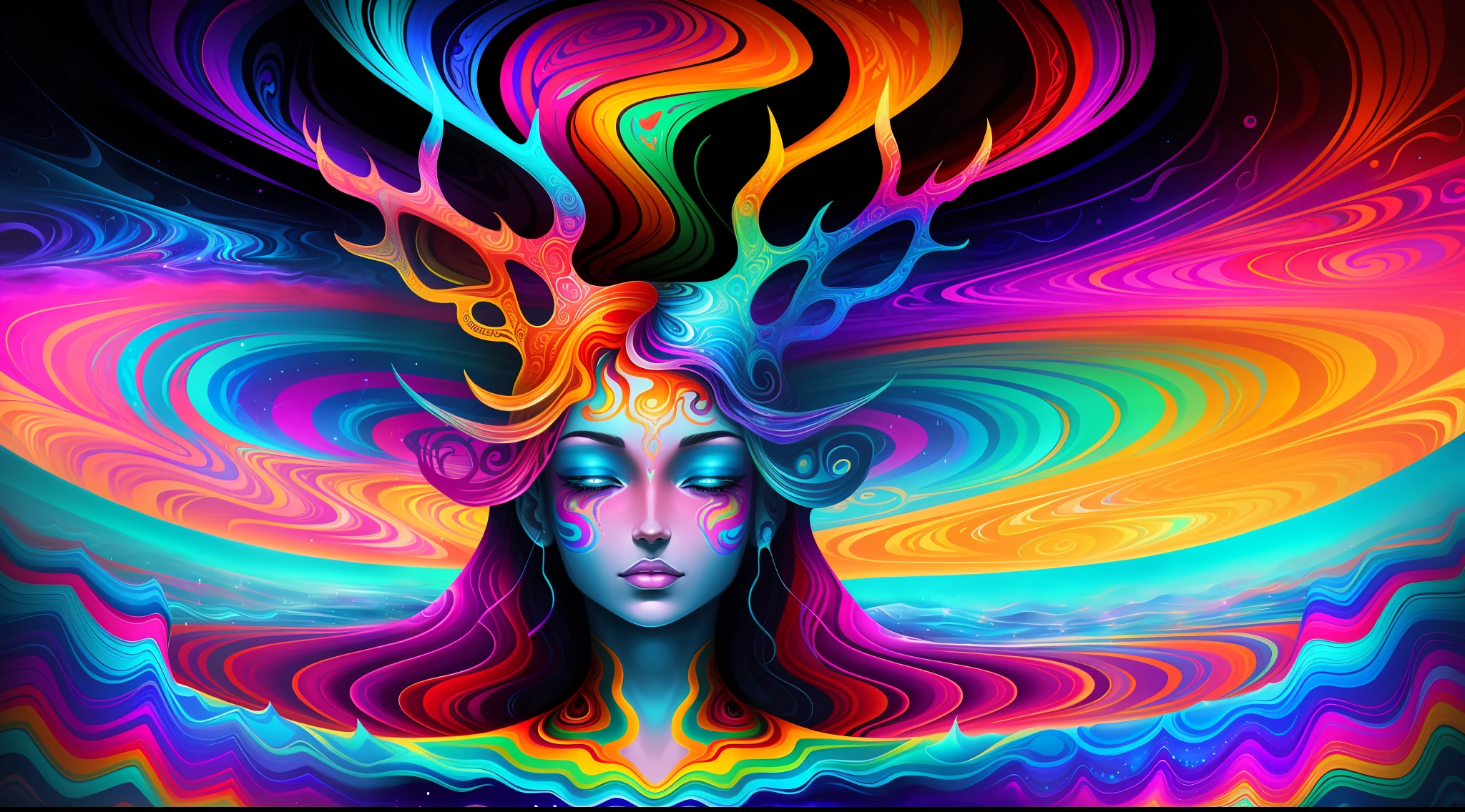 (Psychedelic painting of a deer standing in front of a colorful swirl), ((multi-slit big antlers, stag, big head)), light and shadow, waves, multi-layered, foreground, distant view, fractal Thunder Dan Mumford, Dan Mount Ford and Alex Gray style, psychedelic surreal art, surreal psychedelic design, fantasy art style, illusion psychedelic art, infinite psychedelic waves, inspired by Cyril Rolando, Real ripple structure, psychedelic art style, psychedelic art, psychedelic illustration--V6