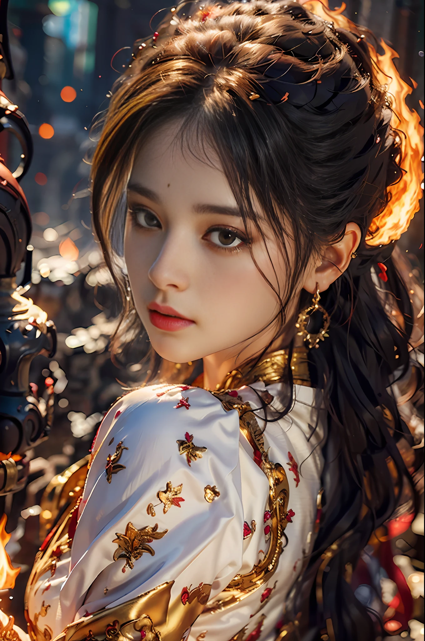 Best quality,masterpiece,ultra high res,(photorealistic:1.4)1girl,beautiful_face,detailed skin,full body,yuhuoshu,jewelry,solo,earrings,(fire:1.3),blurry,realistic,lips,