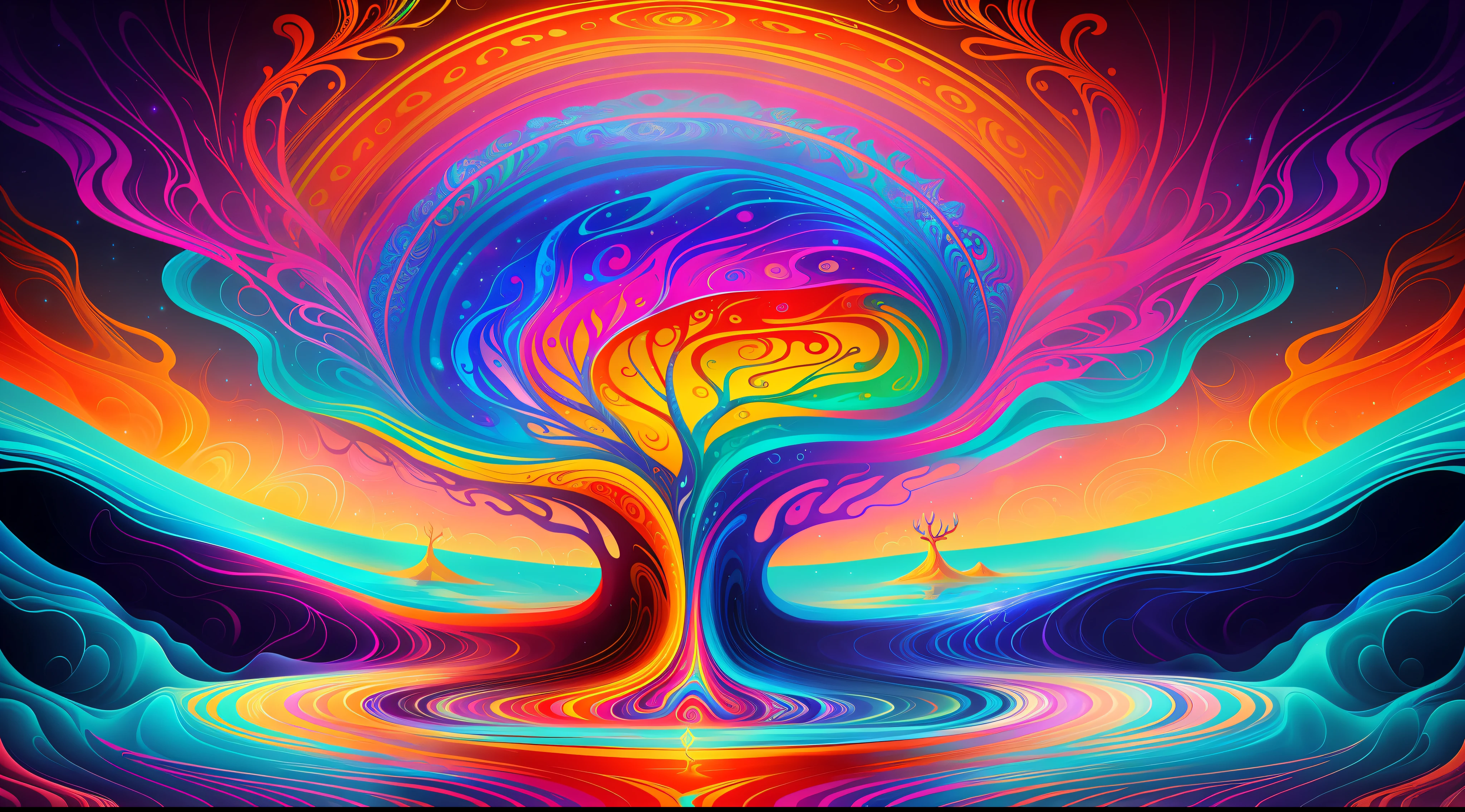 (Psychedelic painting of a deer standing in front of a colorful swirl), ((multi-slit big antlers, stag, big head)), light and shadow, waves, multi-layered, foreground, distant view, fractal Thunder Dan Mumford, Dan Mount Ford and Alex Gray style, psychedelic surreal art, surreal psychedelic design, fantasy art style, illusion psychedelic art, infinite psychedelic waves, inspired by Cyril Rolando, Real ripple structure, psychedelic art style, psychedelic art, psychedelic illustration--V6