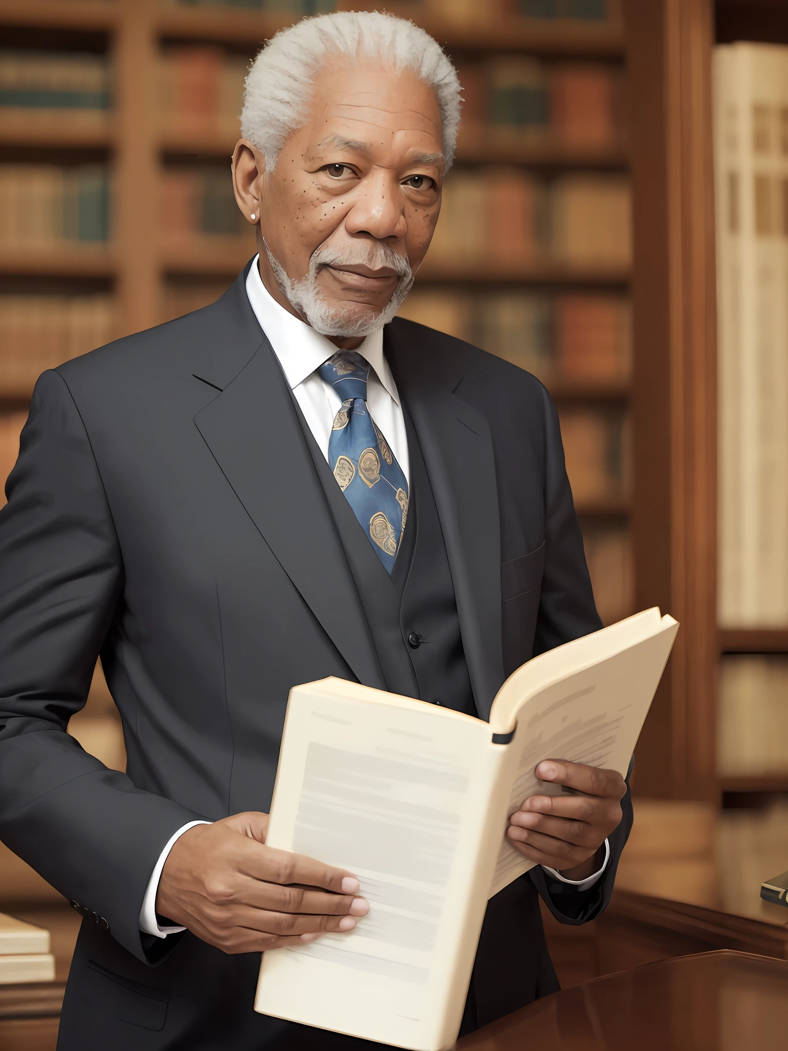 Masterpiece Photography Ultra Realistic, 4K and 12K resolution. 
Morgan Freeman:
Masterpiece Photography Ultra Realistic Description: Morgan Freeman, the esteemed American actor, poses in a captivating 12K hyper-realistic depiction wearing a sleek black suit, standing in front of a bookshelf filled with ancient volumes in a grand library. The unexpected fusion of sophistication and wisdom enhances his commanding presence. With his warm smile and wise eyes, he exudes a sense of authority and depth. The hyper-realistic portrayal captures the intricate details of the suit's fine fabric, the richness of the bookshelf, and the soft lighting of the library, evoking a sense of timeless intellect and captivating charm. --auto --s2