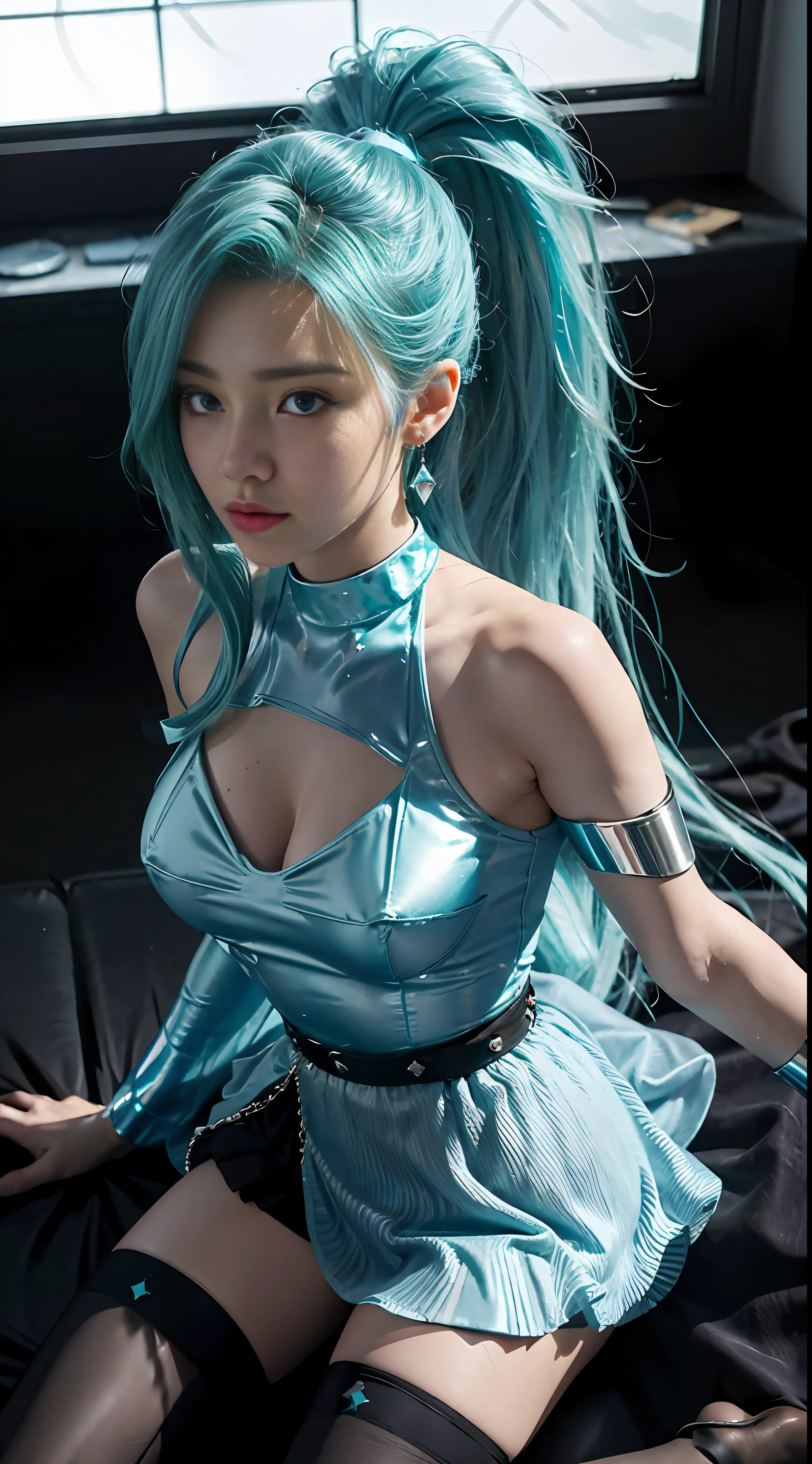 Sky, Field, Wheat, K/Da All Out Seraphine), League of Legends, K/Da \ (League of Legends), 1Girl, Solo, Aqua Green Hair, Gradient Hair, Blue Eyes, Lips, Long Hair, Long Ponytail, Ponytail, Earrings, Jewelry, Armbands, Bracelet, Ice Wings, Blue Dress, Layered Clothes, Black Skirt, One Shoulder Off-the-Shoulder, Cleavage, Stockings, Look to the Audience, Shoot from Above, Look at the Audience, Good-looking Chest, Cleavage, Black Stockings