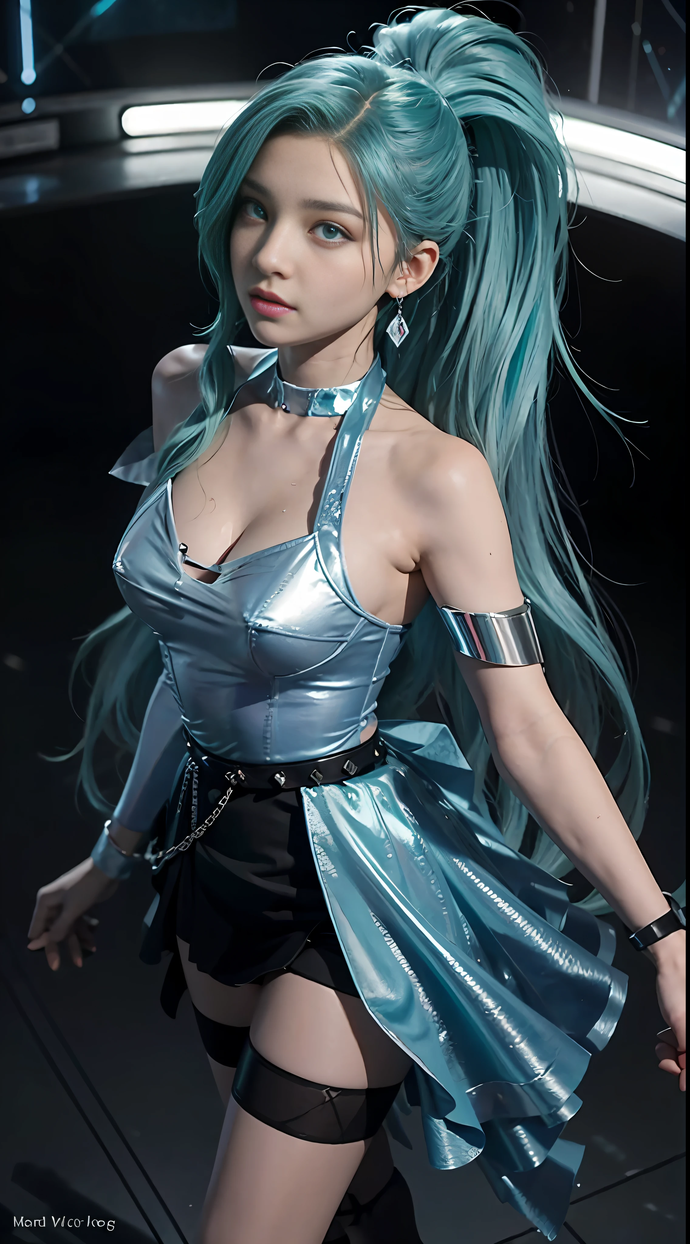 Sky, Field, Wheat, K/Da All Out Seraphine), League of Legends, K/Da \ (League of Legends), 1Girl, Solo, Aqua Green Hair, Gradient Hair, Blue Eyes, Lips, Long Hair, Long Ponytail, Ponytail, Earrings, Jewelry, Armbands, Bracelet, Ice Wing, Blue Dress, Layered Clothes, Black Skirt, One Shoulder Off-the-Shoulder, Cleavage, Stockings, Look to the Audience, Shoot from Above, Look at the Audience, Good Looking Breasts, Cleavage