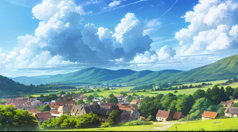 (expansive landscape with vast greenery and vibrant flora) (a quaint village nestles in the distance) (a well sits at the forefront of the image, perfectly placed) (a myriad of captivating clouds fill the sky, complimenting the idyllic scenery).