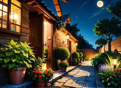 3D cartoon, garden, full moon night, Brazilian plants