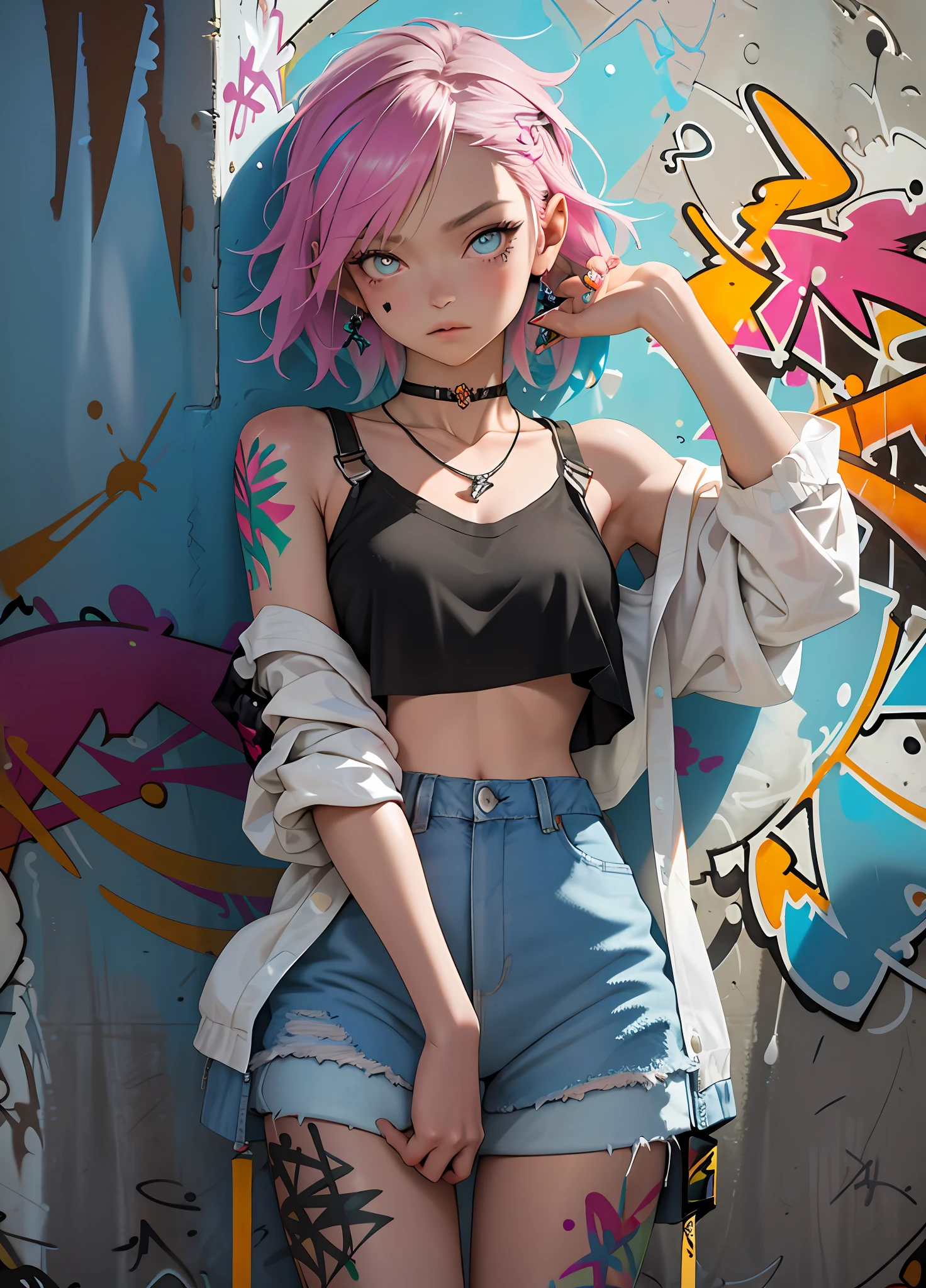 Masterpiece, best quality, realistic, 1 girl, solo, crop top , denim shorts, necklace, (graffiti:1.5), paint splash, behind arm, against a wall, looking at the audience, armbands, thigh straps, paint on body, head tilt, boredom, multicolored hair, aqua eyes,