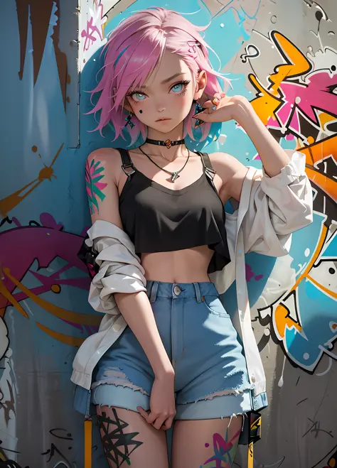 Masterpiece, best quality, realistic, 1 girl, solo, crop top , denim shorts, necklace, (graffiti:1.5), paint splash, behind arm, against a wall, looking at the audience, armbands, thigh straps, paint on body, head tilt, boredom, multicolored hair, aqua eye...