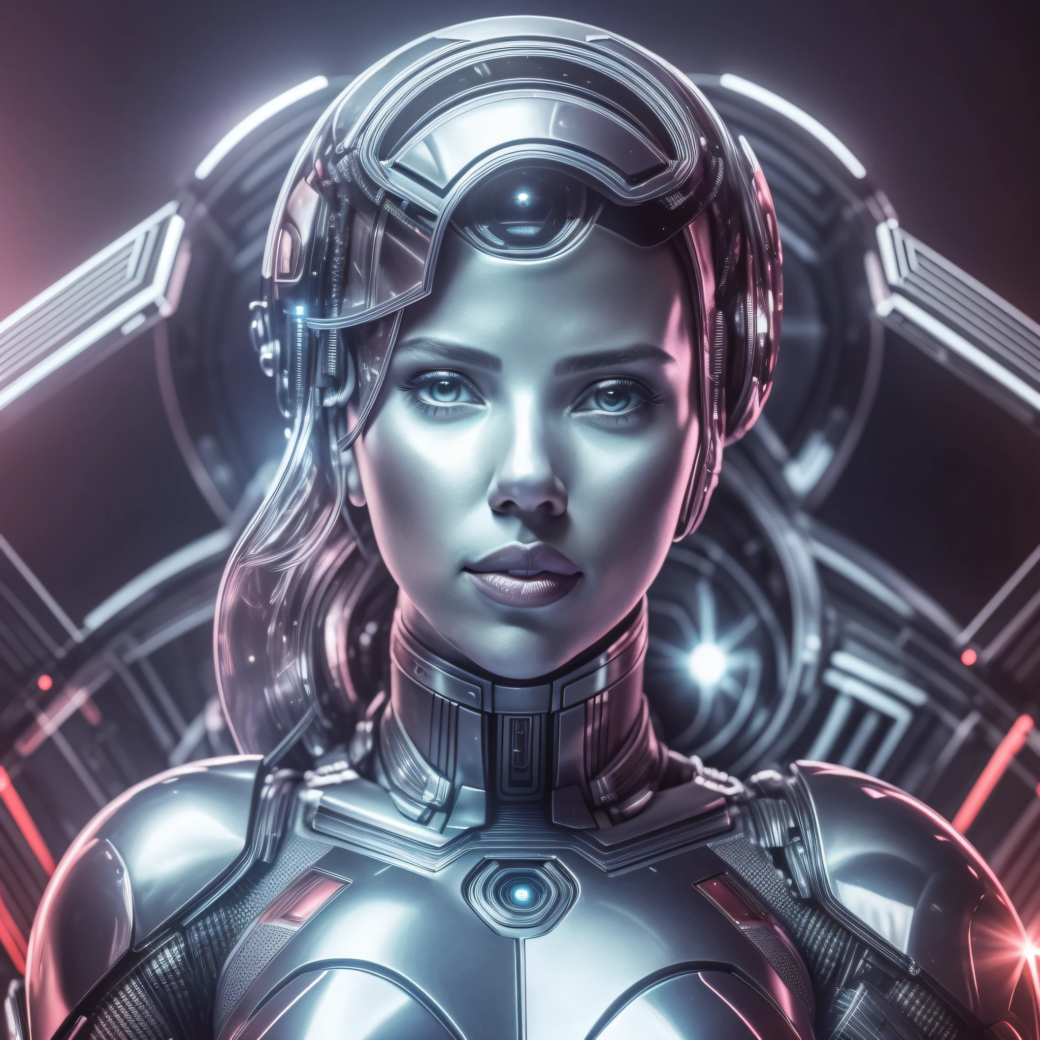 A closeup of 26-year-old Scarlett Johansson with a futuristic headpiece and a futuristic body, portrait of a cyborg queen, cyborg fashion model, shiny metallic skin. intricate, cyborg woman, futuristic woman portrait, portrait of a female android, portrait of a cyborg, cyborg - girl, portrait of a sci-fi woman, cyborg girl, detailed portrait of a cyborg