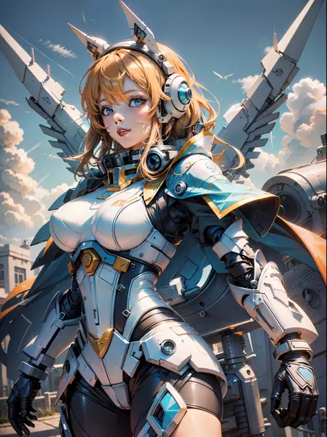 ((Blue Sky and White Cloud Background)), (Mecha Girl), (Girl in Good Shape), (Wearing Tight Leather), (Larger Tits) (Best Quality), Dynamic Photography, Fujifilm, Long Photography, Orange Gundam Mech, Gundam Style, Open Wings, Story Perspective, Battle Sta...