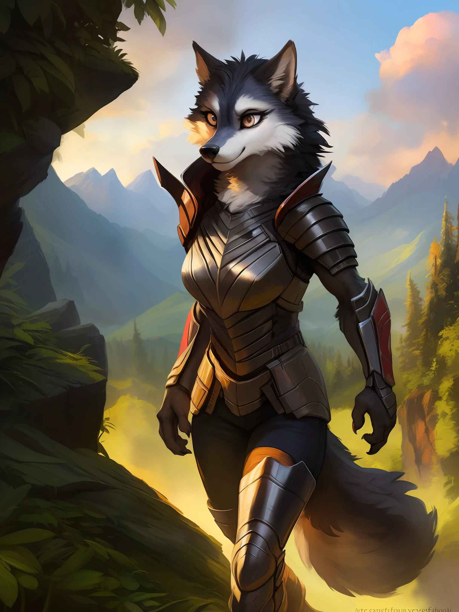 a beautiful and detailed portrait of a female anthro wolf, walking, kenket, Bonifasko, Silverfox, Ross Tran,ruan jia, trending on artstation,foxovh, cenematic lighting, obsidian armor,serious look
Forest, mountains, clouds, distant river, silver eyes