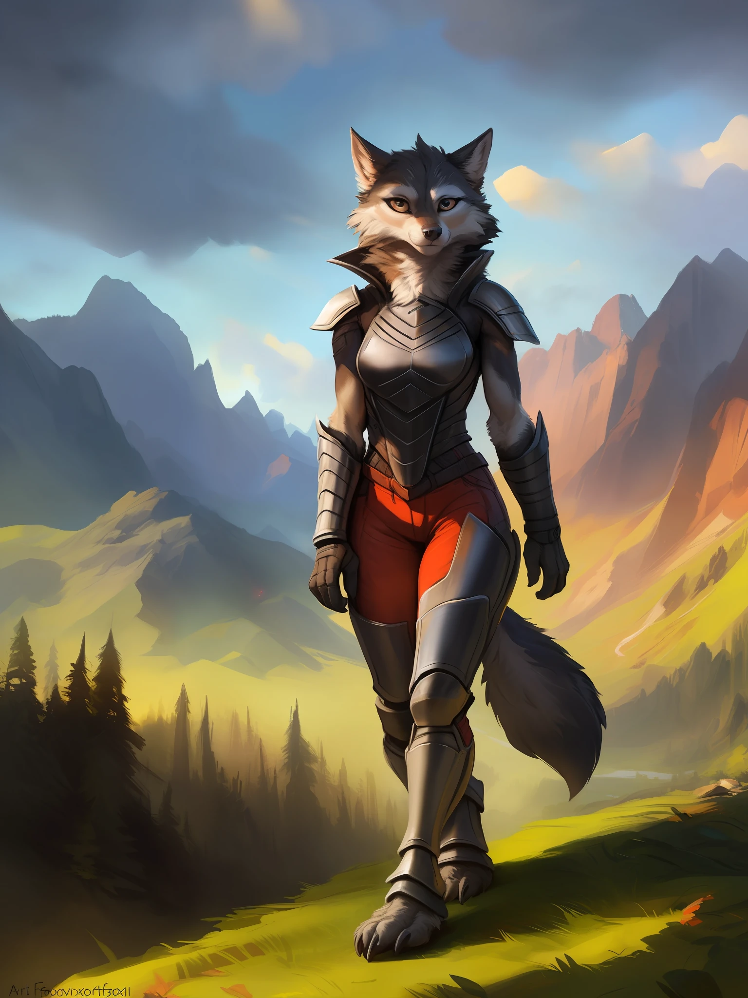 a beautiful and detailed portrait of a female anthro wolf, walking, kenket, Bonifasko, Silverfox, Ross Tran,ruan jia, trending on artstation,foxovh, cenematic lighting, obsidian armor,serious look
Forest, mountains, clouds, distant river, silver eyes