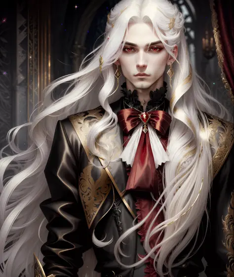 gorgeous male vampire with a perfect balance of masculine and feminine features, stunning long white hair, white and gold tetradic colors, perfect anatomy, seductive red eyes, 8k resolution, (Single person), masterpiece, perfect face:1.2), intricate detail...