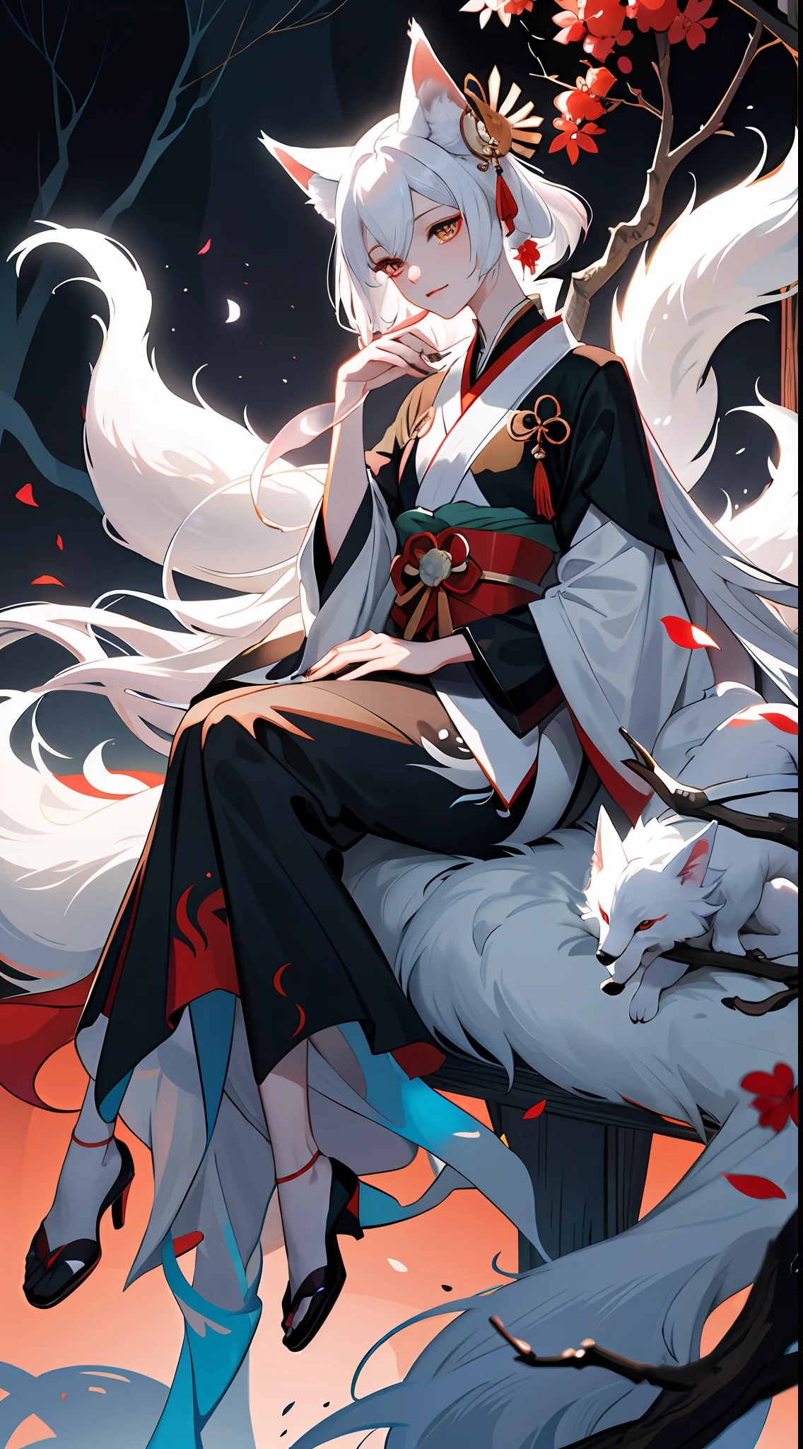 Drawing of a fox with white hair sitting on a branch, ethereal fox, nine-tailed fox, fox three-tailed fox, onmyoji detailed art, nine-tailed, beautiful artwork illustration, mythological creature, fox, beautiful Digital artwork, exquisite digital illustrations, mizutsune, inspired by mythical creatures Wildnet, digital art on pixiv, strong light, high contrast, horror movie theme, dark atmosphere