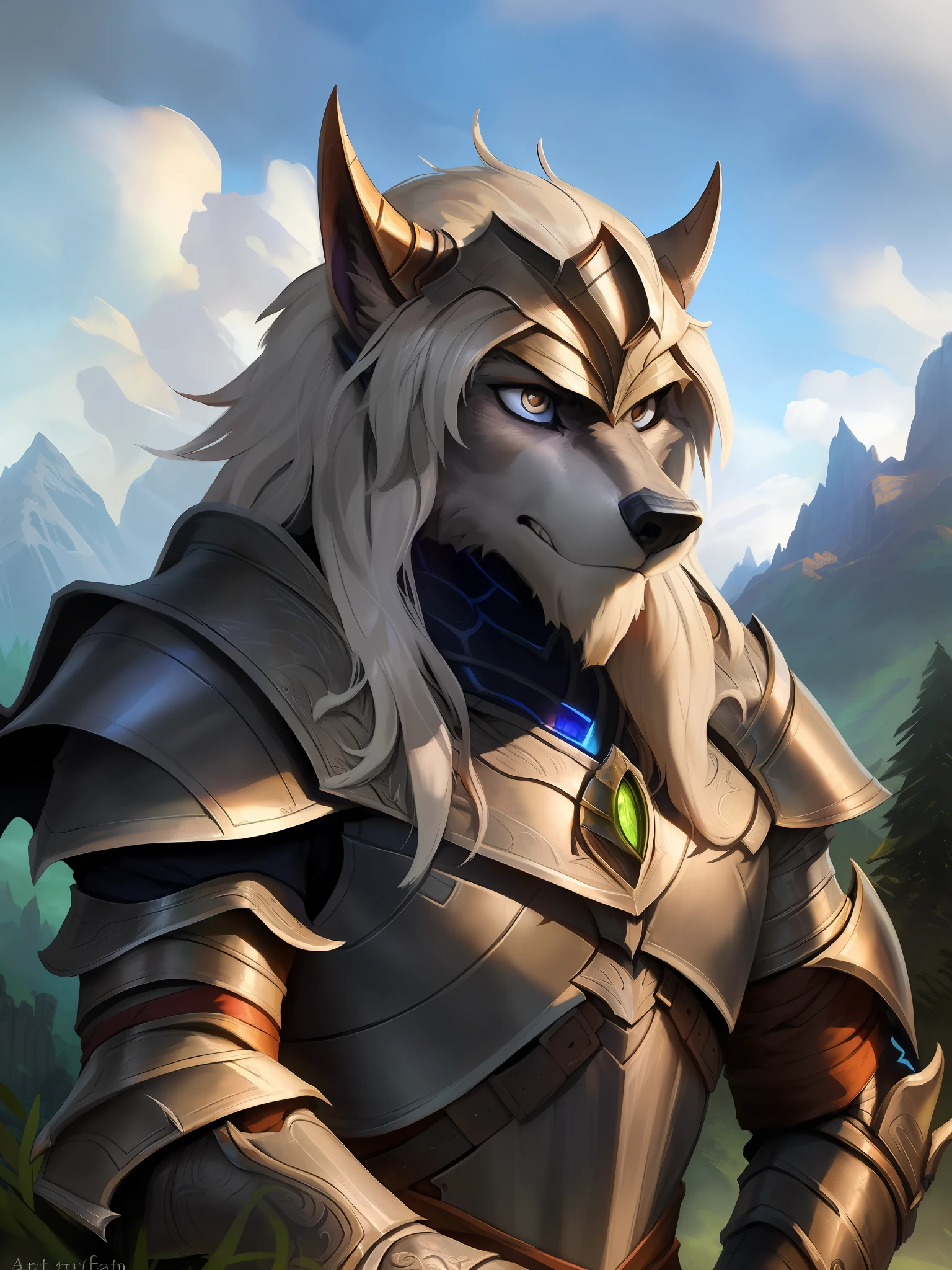 a beautiful and detailed portrait of a male anthro paladin wolf, Arthas Menethil, kenket, Bonifasko, Ross Tran,ruan jia, trending on artstation,foxovh, cenematic lighting, steel armor, serious look, gray fur, grey mane
Forest, mountains, clouds, distant river, silver eyes