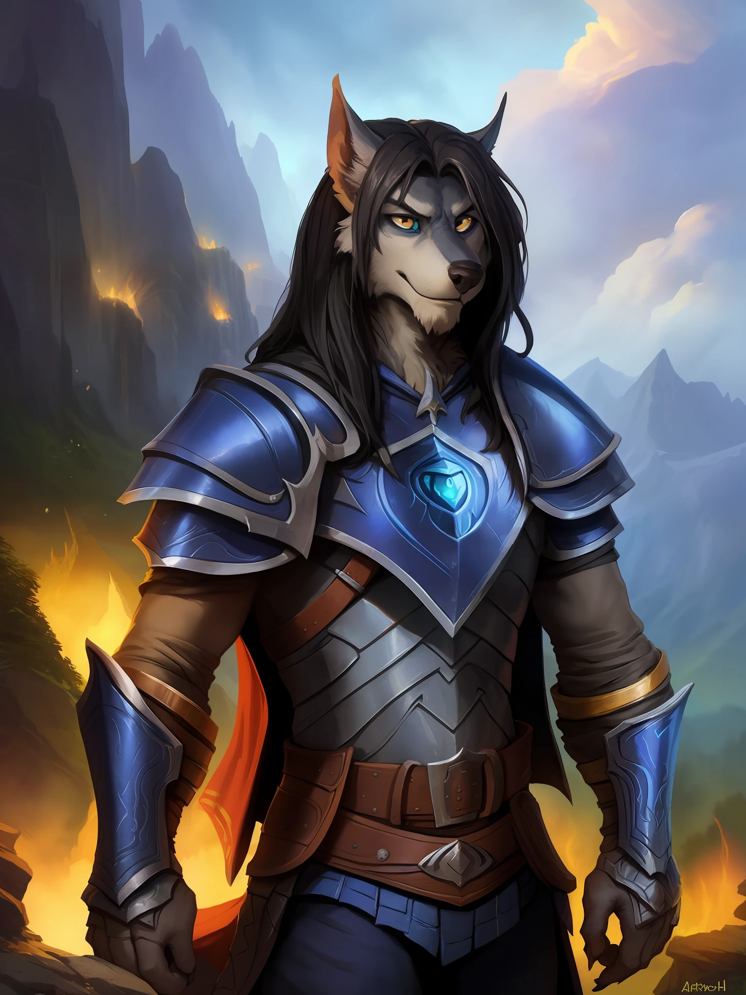 a beautiful and detailed portrait of a male anthro paladin wolf, Arthas Menethil, Aragorn, Anduin, kenket, Bonifasko, Ross Tran,ruan jia, trending on artstation,foxovh, cenematic lighting, steel armor, serious look, young, gray fur, black mane
Forest, mountains, clouds, distant river, silver eyes