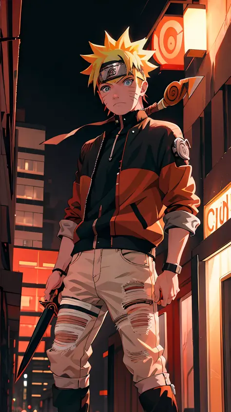 1 boy, shonen style, blonde hair, spiky hair, whisker marks on cheeks, black and red outfit, leather jacket, jeans, boots, banda...