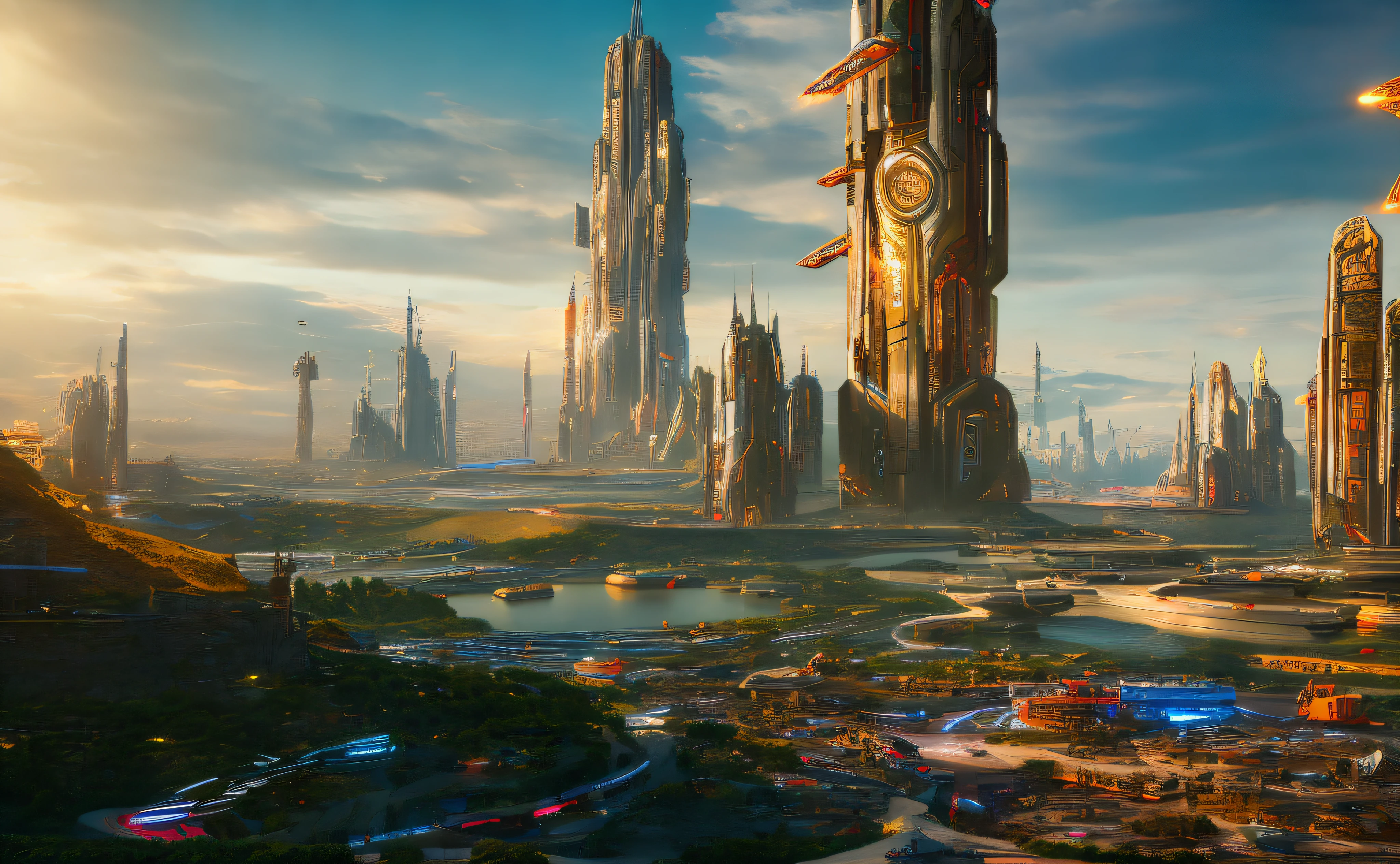 futuristic science-fiction Ville landscape, science-fiction, Ultra réaliste, haute résolution, Ville