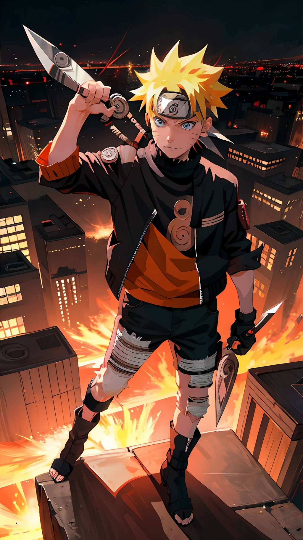 1 Junge, shonen style, Blondes Haar, stacheliges Haar, Schnurrhaarflecken auf den Wangen, schwarzes und rotes Outfit, Lederjacke, Jeans, Stiefel, Bandana, Cool, blaue Augen, ein Kunai halten, Ganzkörper, Farbe --Name Naruto Uzumaki --Hintergrund Stadt bei Nacht