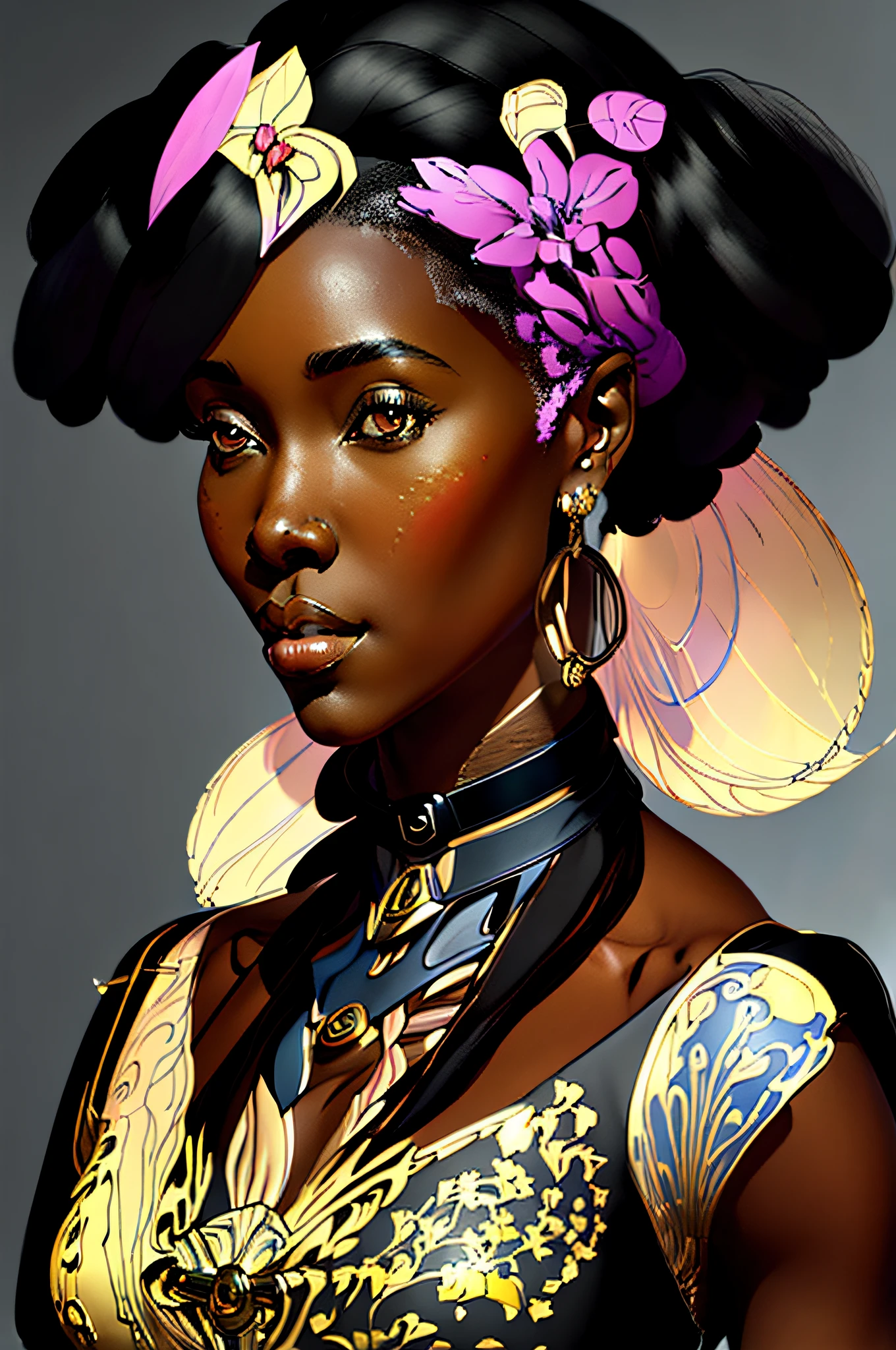 uma ilustração digital de uma mulher negra africana no estilo Art Nouveau, steampunk, anime, cara bonita, Grande escala, proporções realistas, altamente detalhado, suave, foco nitído, 8K, rastreamento de raios, pintura digital, ilustração de arte conceitual, por artgerm, tendências no ArtStation, sony a1